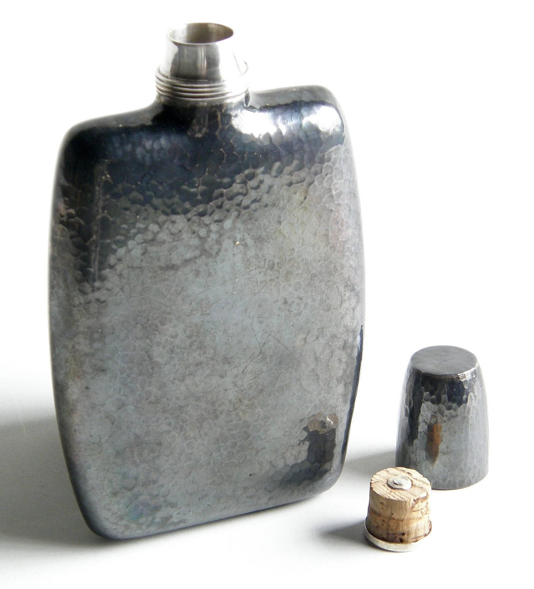 20th Century Arts and Crafts Hammered Sterling Silver Pocket Flask with Shot Glass Top 