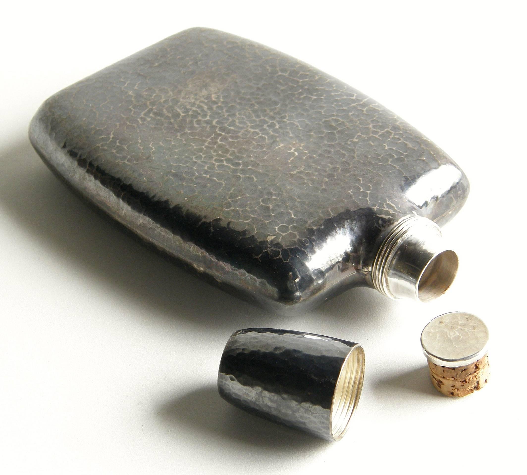 Cork Arts and Crafts Hammered Sterling Silver Pocket Flask with Shot Glass Top 