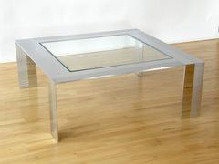 Brushed and Polished Stainless Steel and Glass Coffee Table
