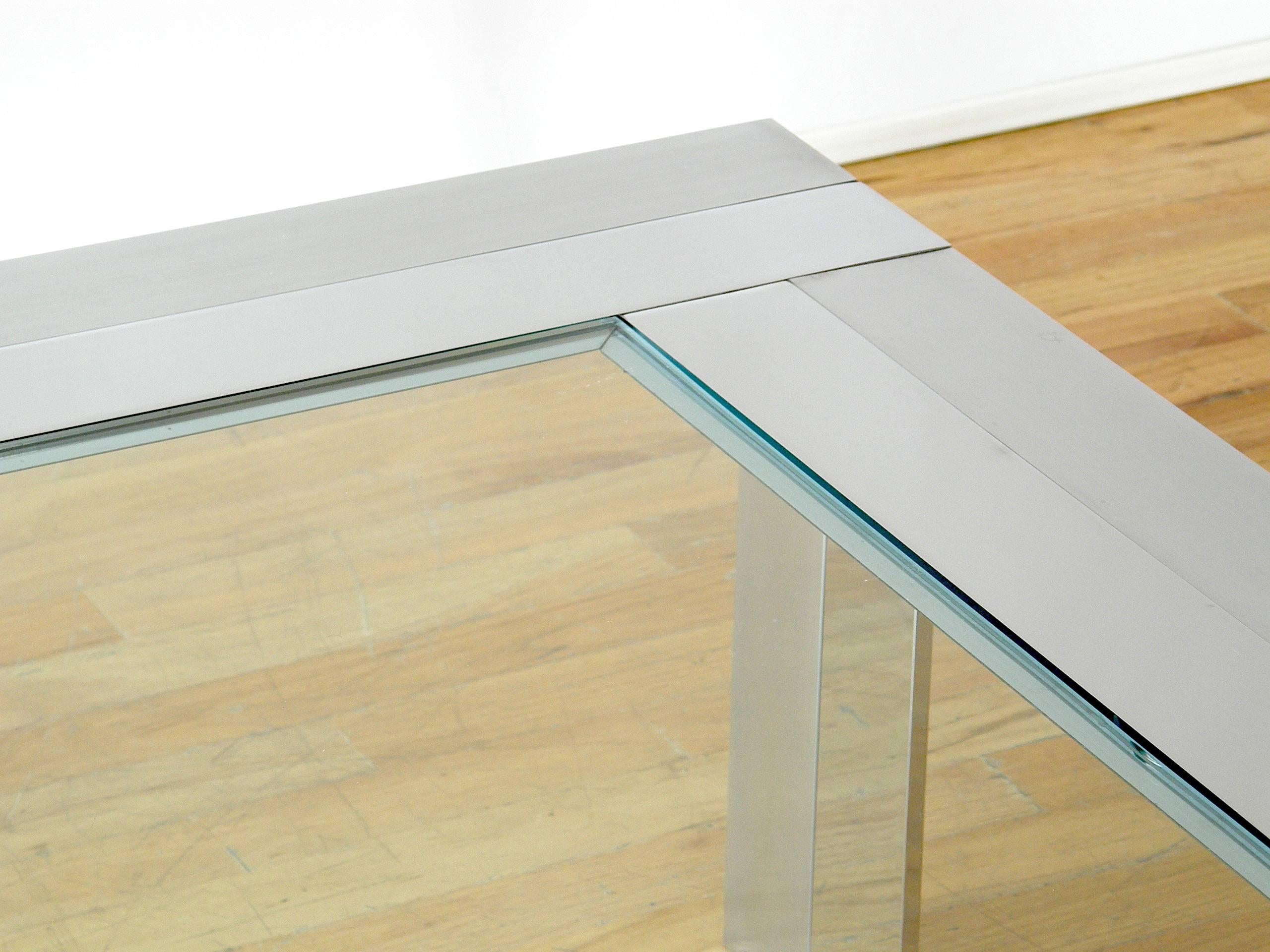 Minimalist Brushed and Polished Stainless Steel and Glass Coffee Table For Sale