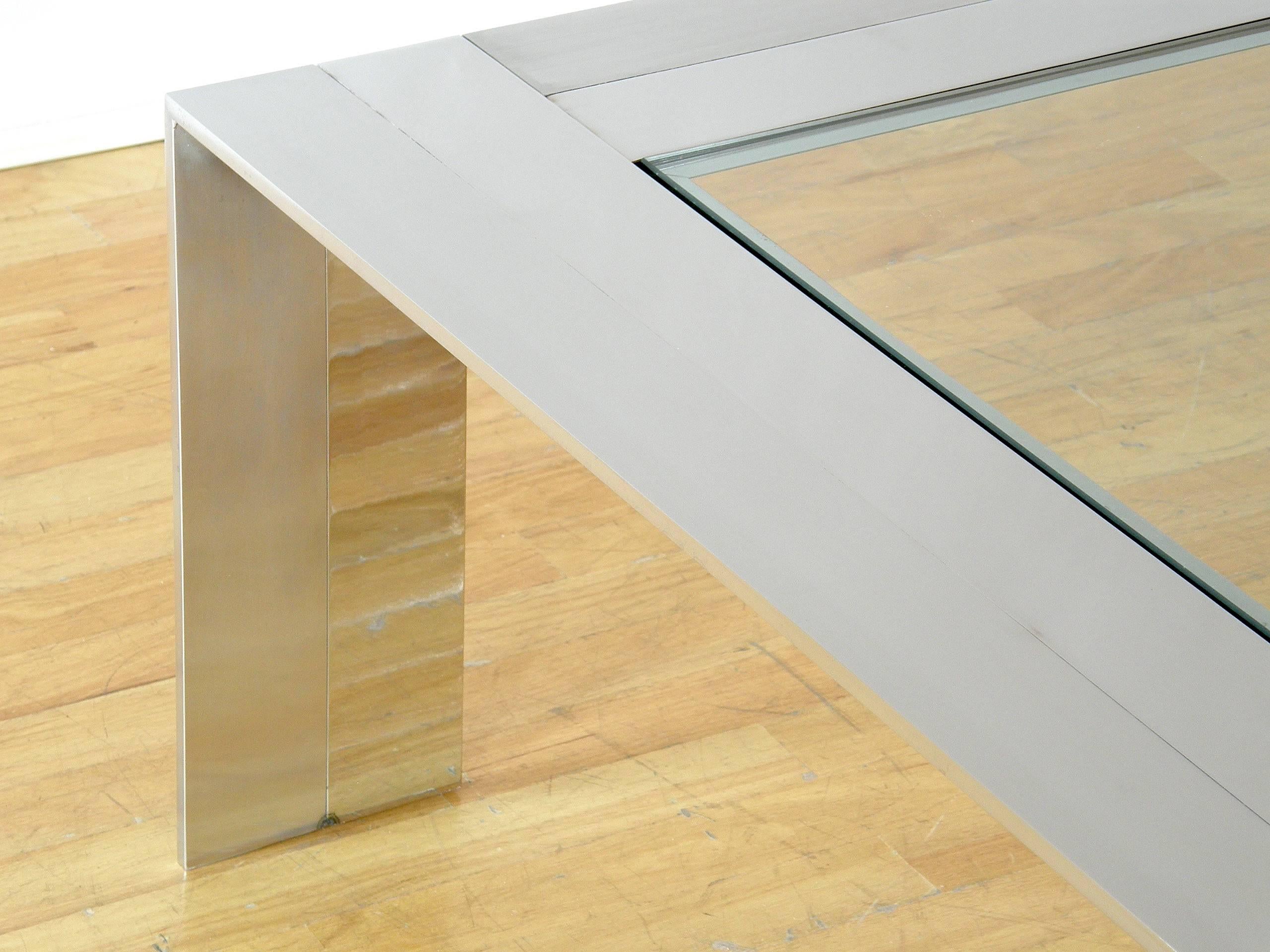 American Brushed and Polished Stainless Steel and Glass Coffee Table For Sale