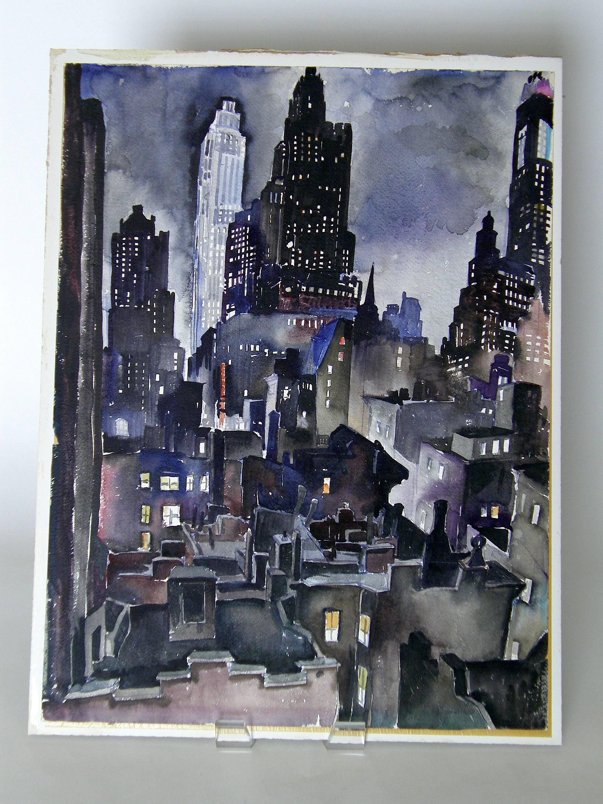 Untitled watercolor depicting a slice of the New York city skyline, by Ruth Van Sickle Ford, circa 1940s. This atmospheric piece beautifully captures the character of the city having the grandeur of the skyscrapers juxtaposed with the more intimate
