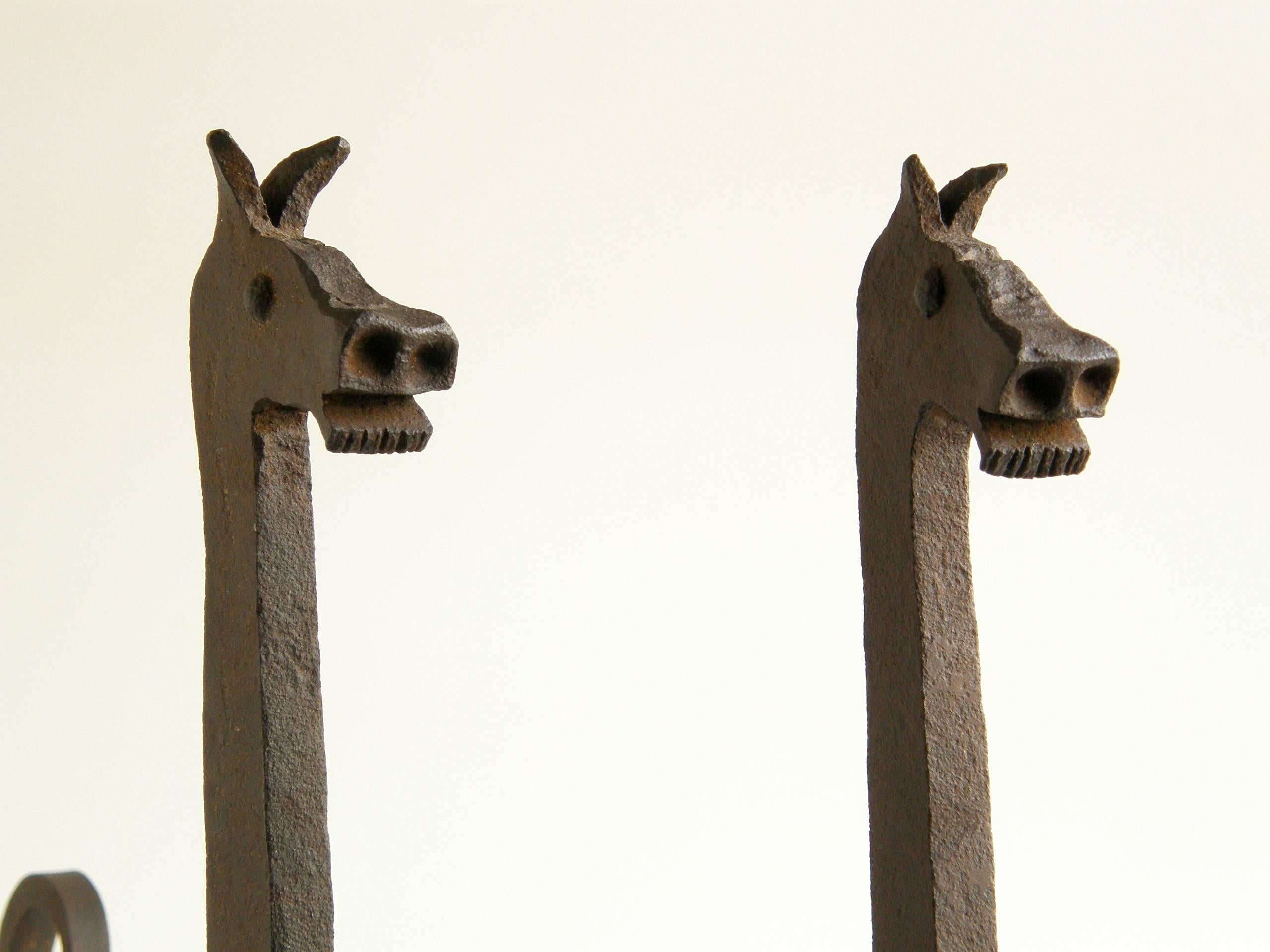 Mid-Century Modern Figural Wrought Iron Fire Dog Andirons