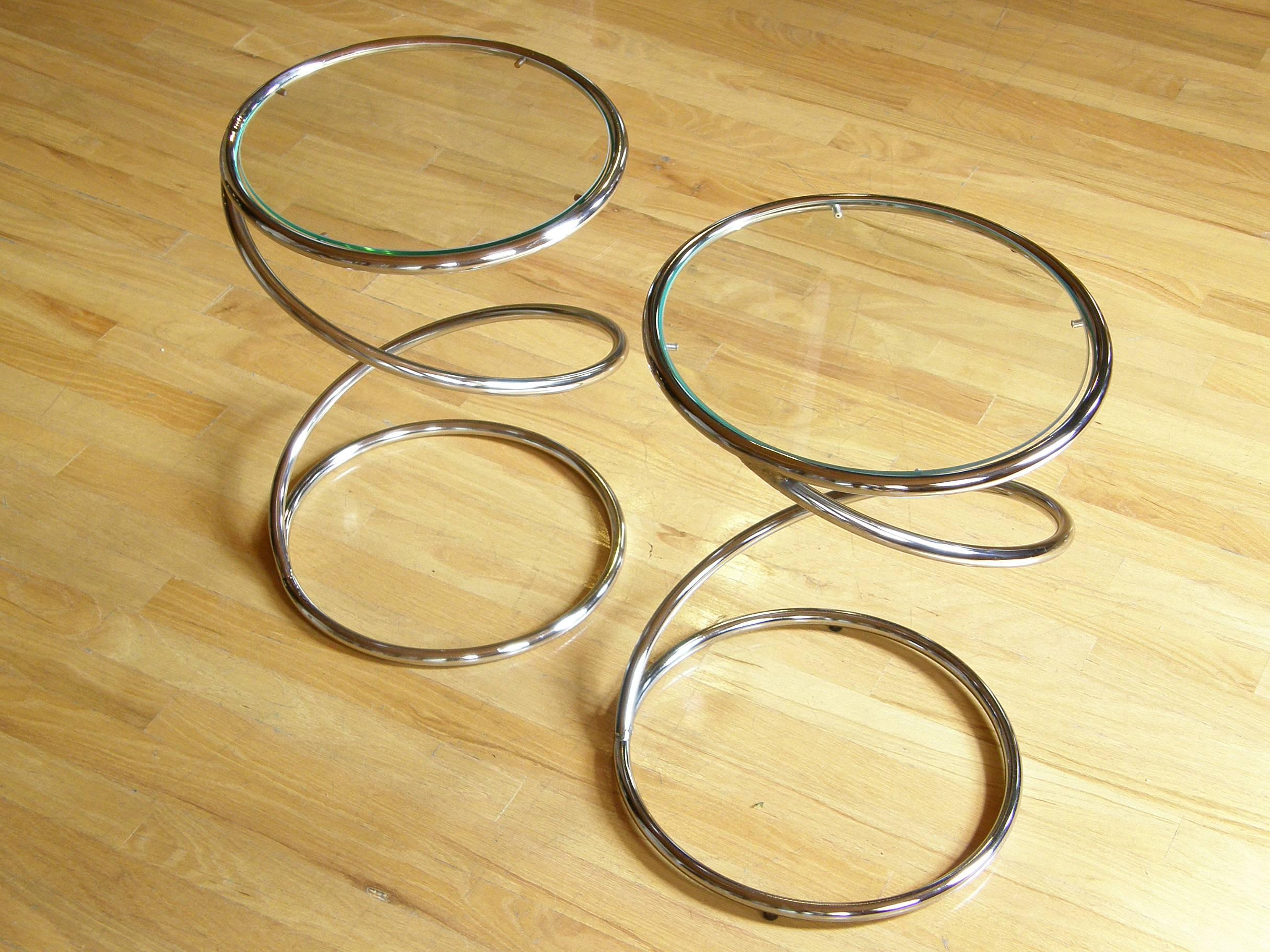 Space Age Pair of Chrome and Glass Spiral Side Tables