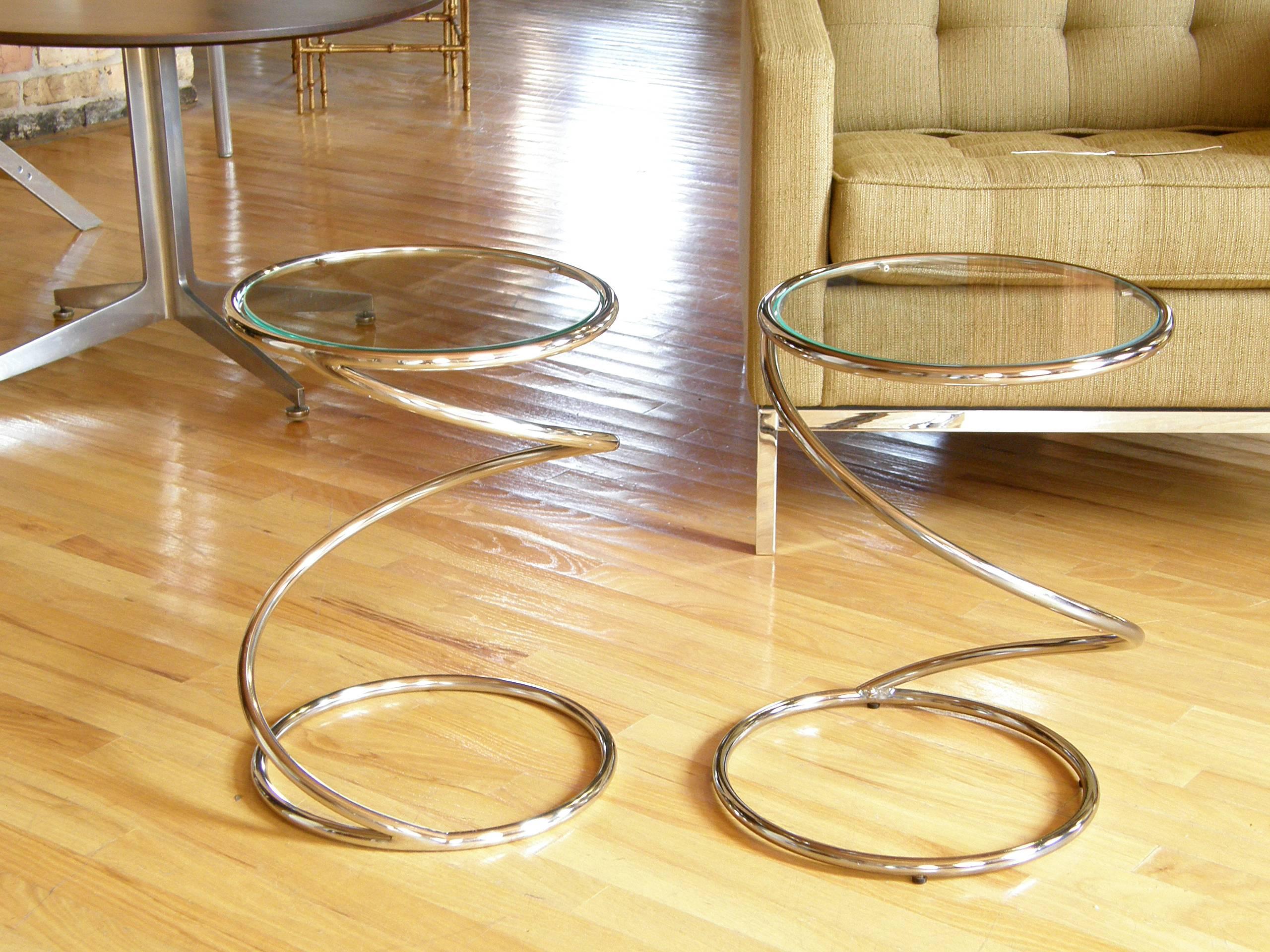 American Pair of Chrome and Glass Spiral Side Tables