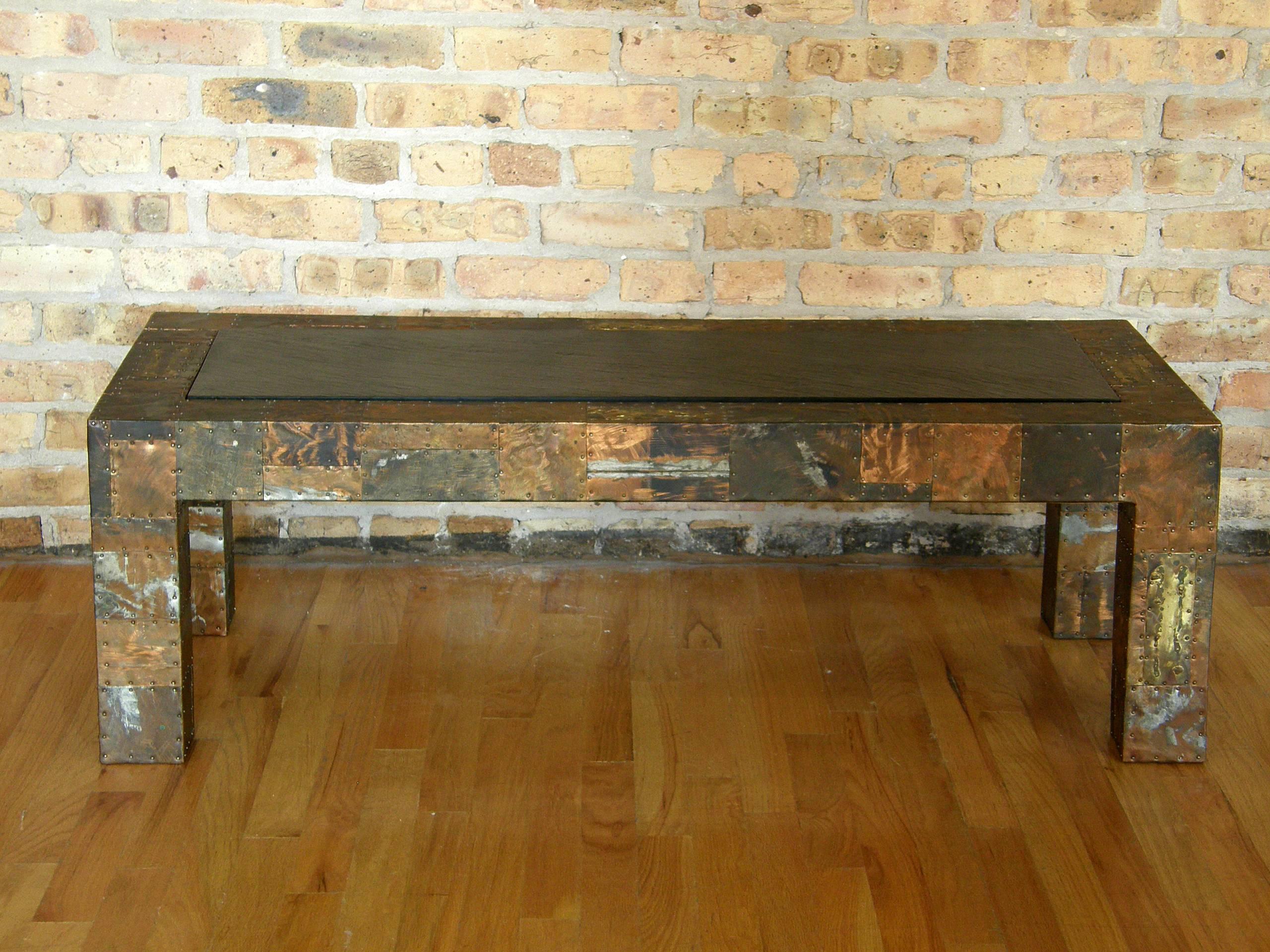 H. A. Larson Brutalist Patchwork Coffee Table with Slate Top In Good Condition For Sale In Chicago, IL