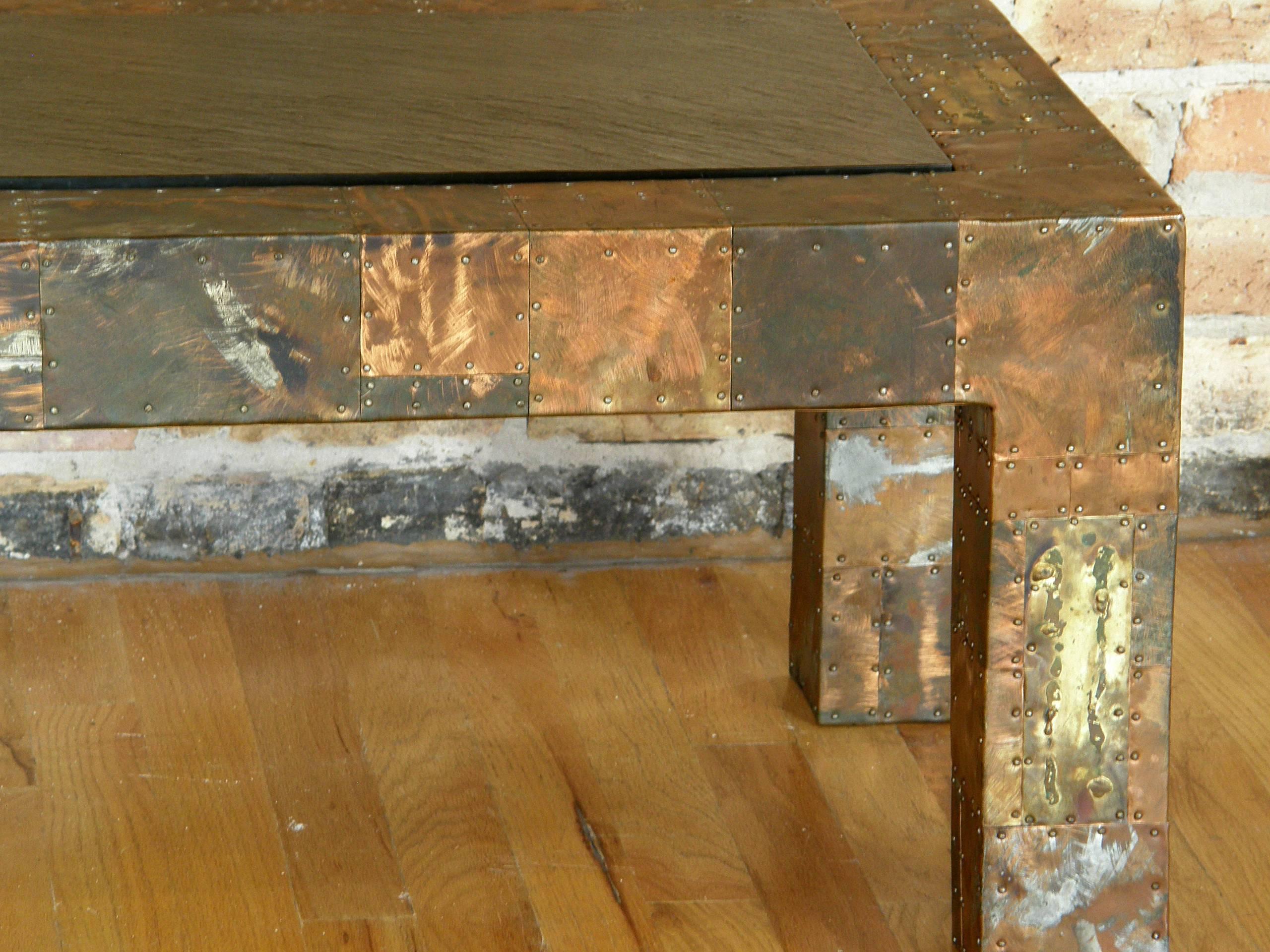 Brass H. A. Larson Brutalist Patchwork Coffee Table with Slate Top For Sale