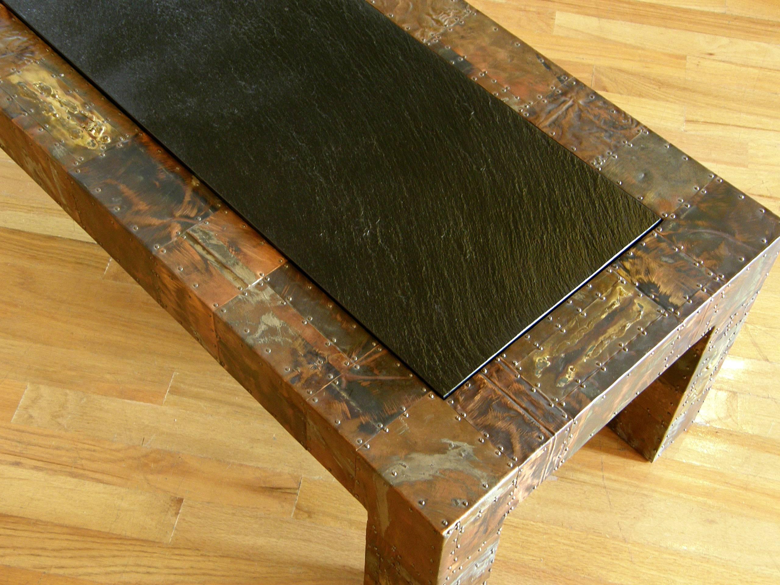 Patinated H. A. Larson Brutalist Patchwork Coffee Table with Slate Top For Sale