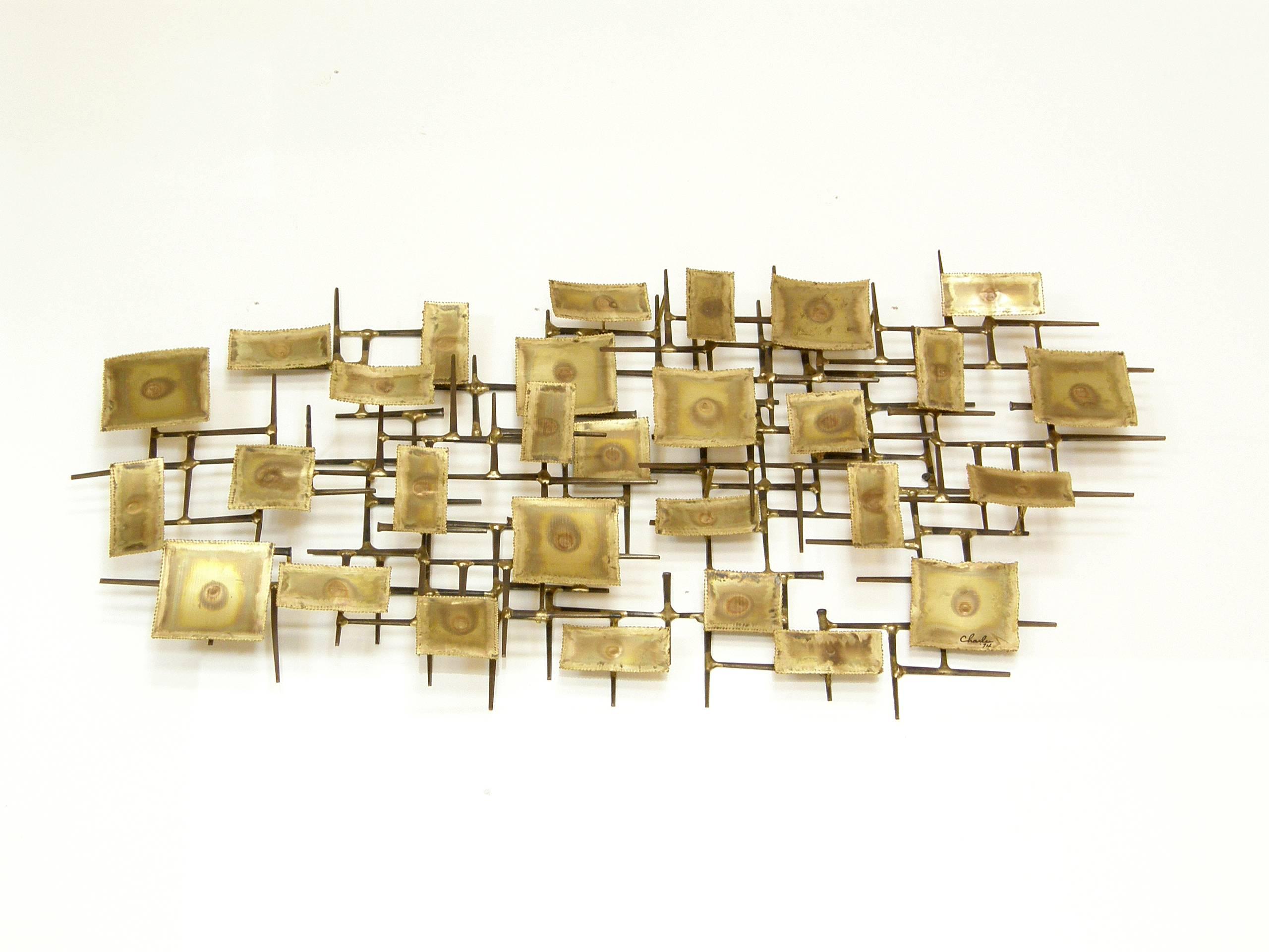 1974 Brutalist Nails Wall Sculpture with Brass Rectangles Signed Charles In Good Condition In Chicago, IL
