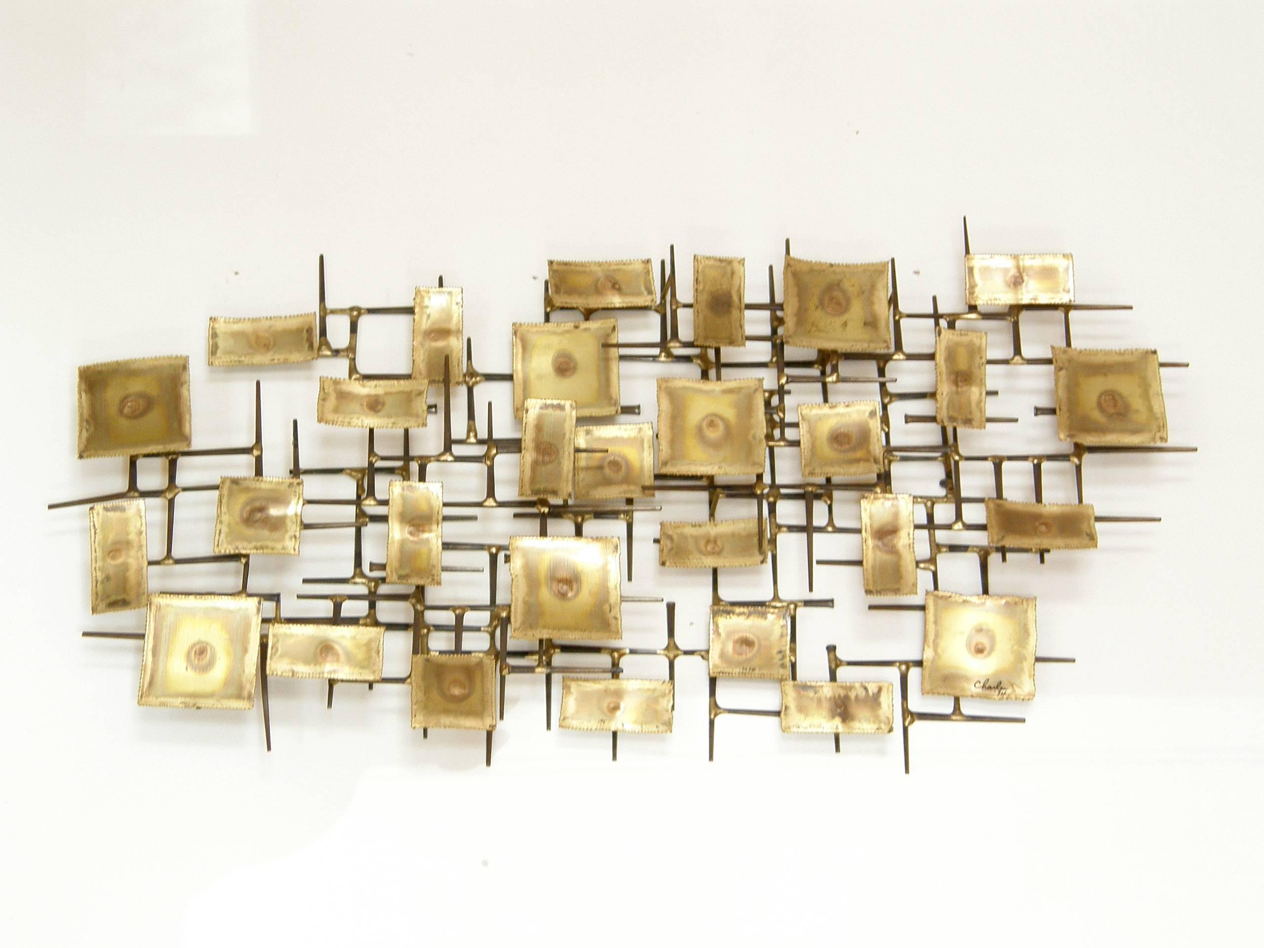 Late 20th Century 1974 Brutalist Nails Wall Sculpture with Brass Rectangles Signed Charles