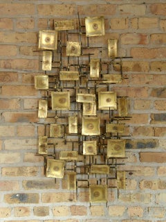 1974 Brutalist Nails Wall Sculpture with Brass Rectangles Signed Charles