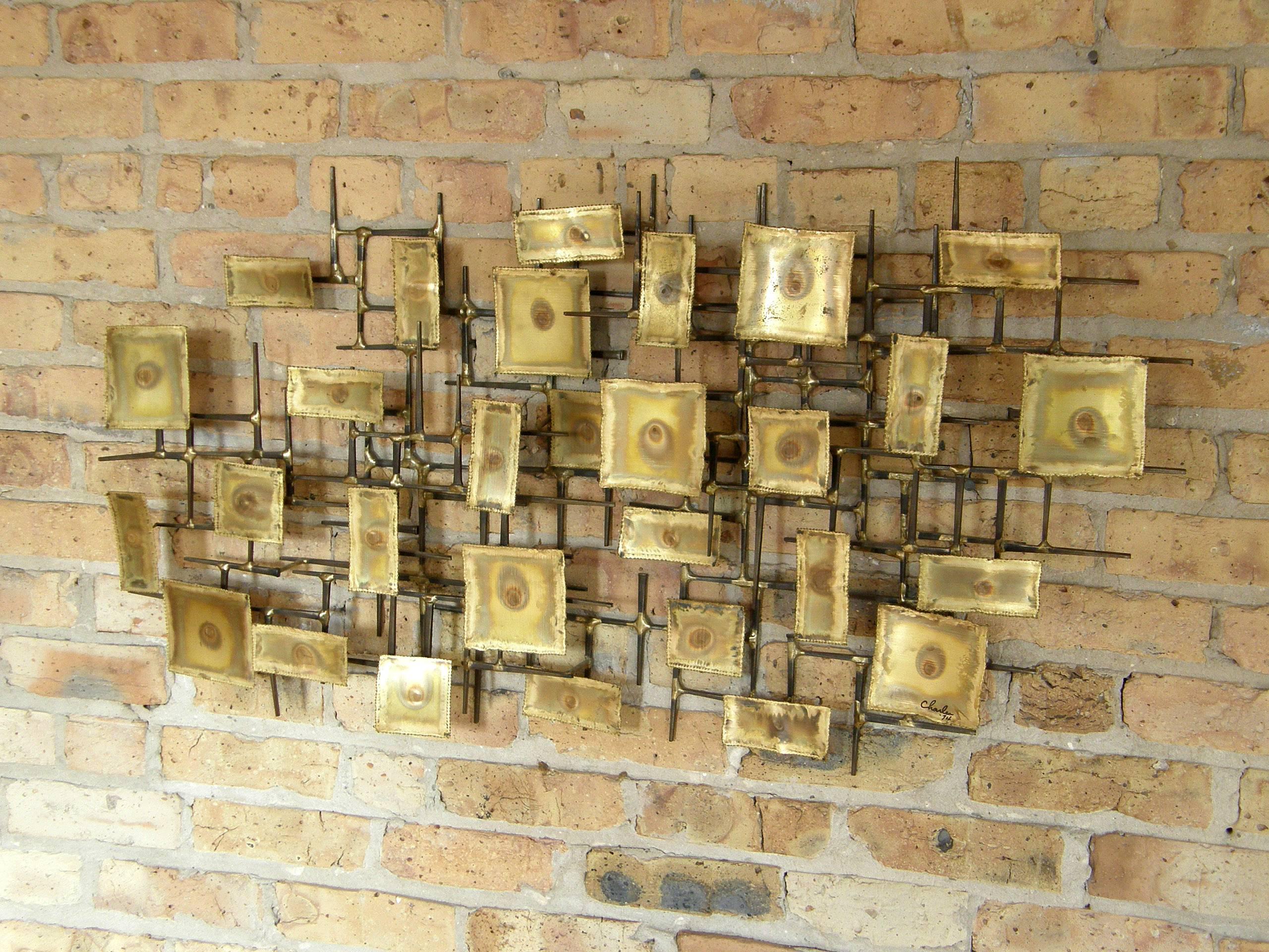 American 1974 Brutalist Nails Wall Sculpture with Brass Rectangles Signed Charles
