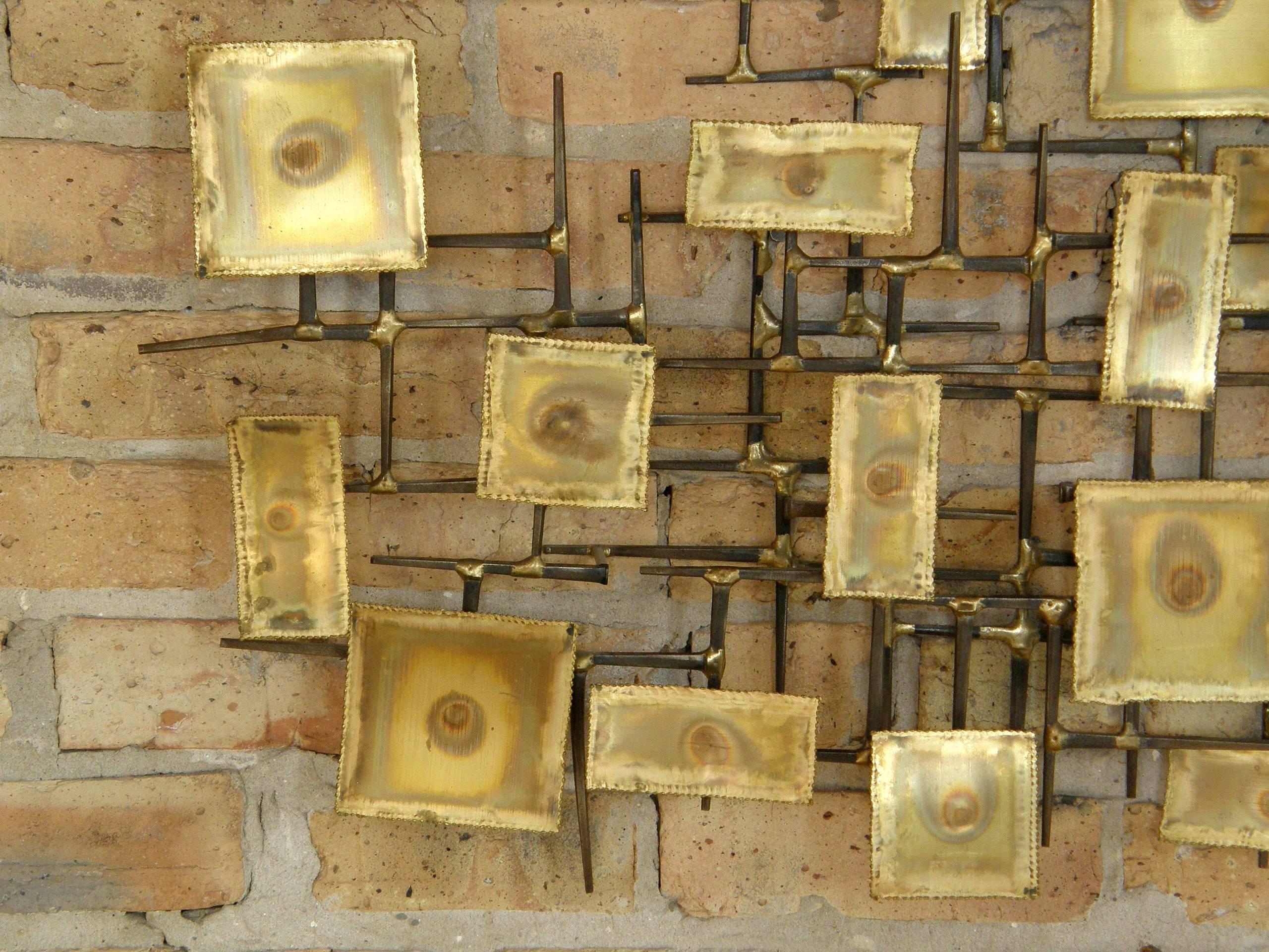 1974 Brutalist Nails Wall Sculpture with Brass Rectangles Signed Charles 1