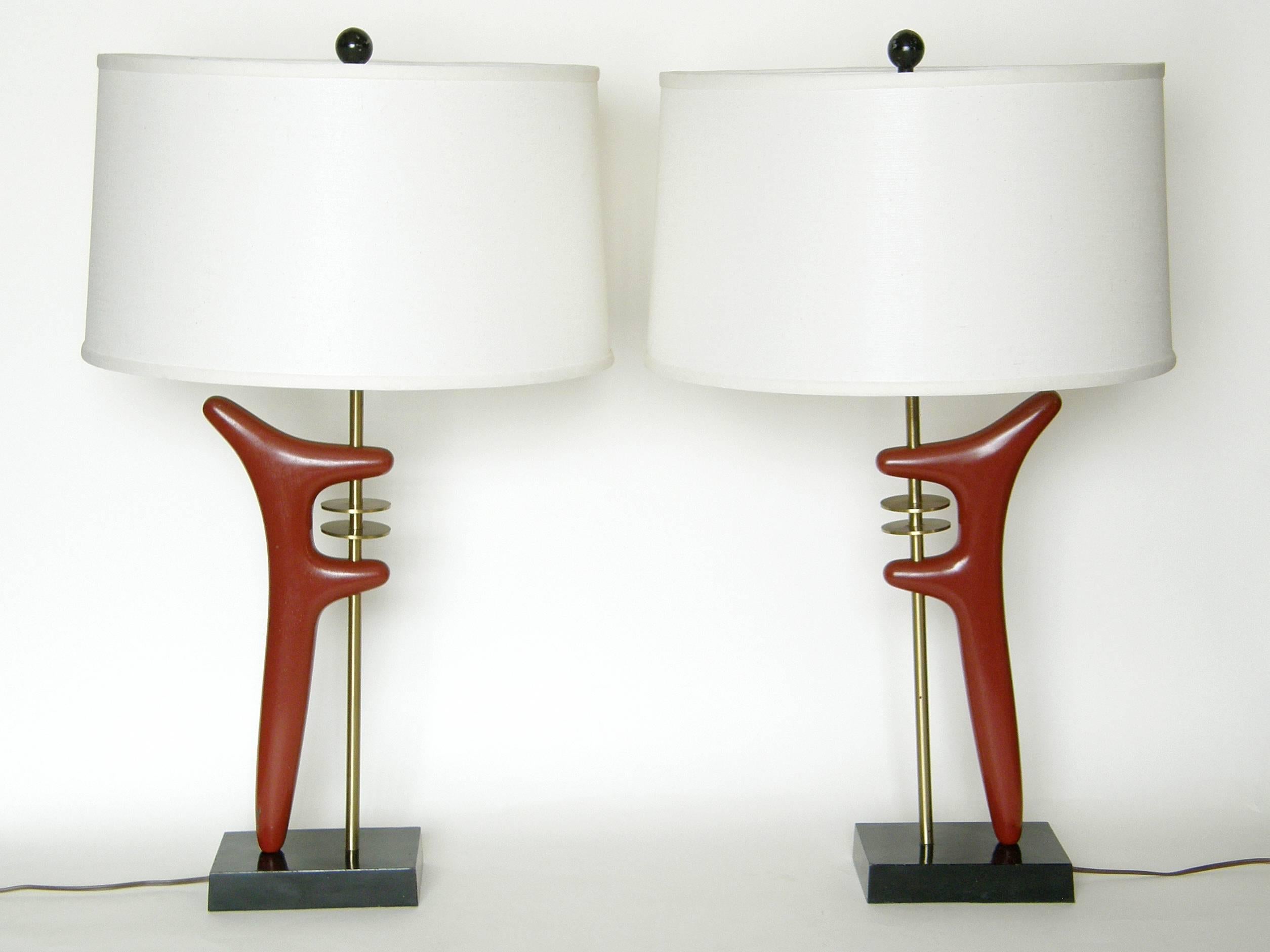 Pair of brass and enameled metal table lamps, design after a sculpture by 20th century modern master sculptor, Isamu Noguchi.

base- 7.25
