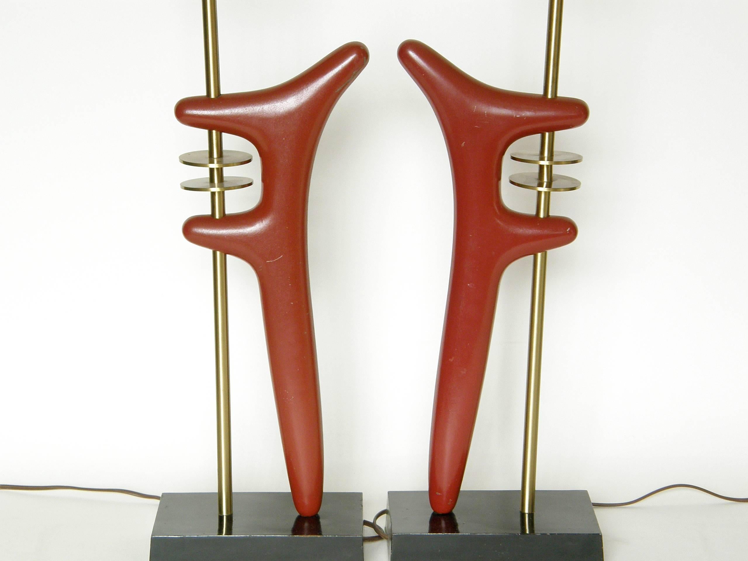 Mid-20th Century Pair of Sculptural Brass and Enameled Metal Table Lamps