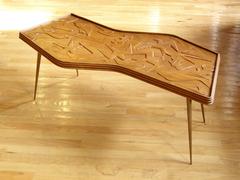 Sculptural Mahogany Coffee Table with Brass Legs and Carved Birds and Fish