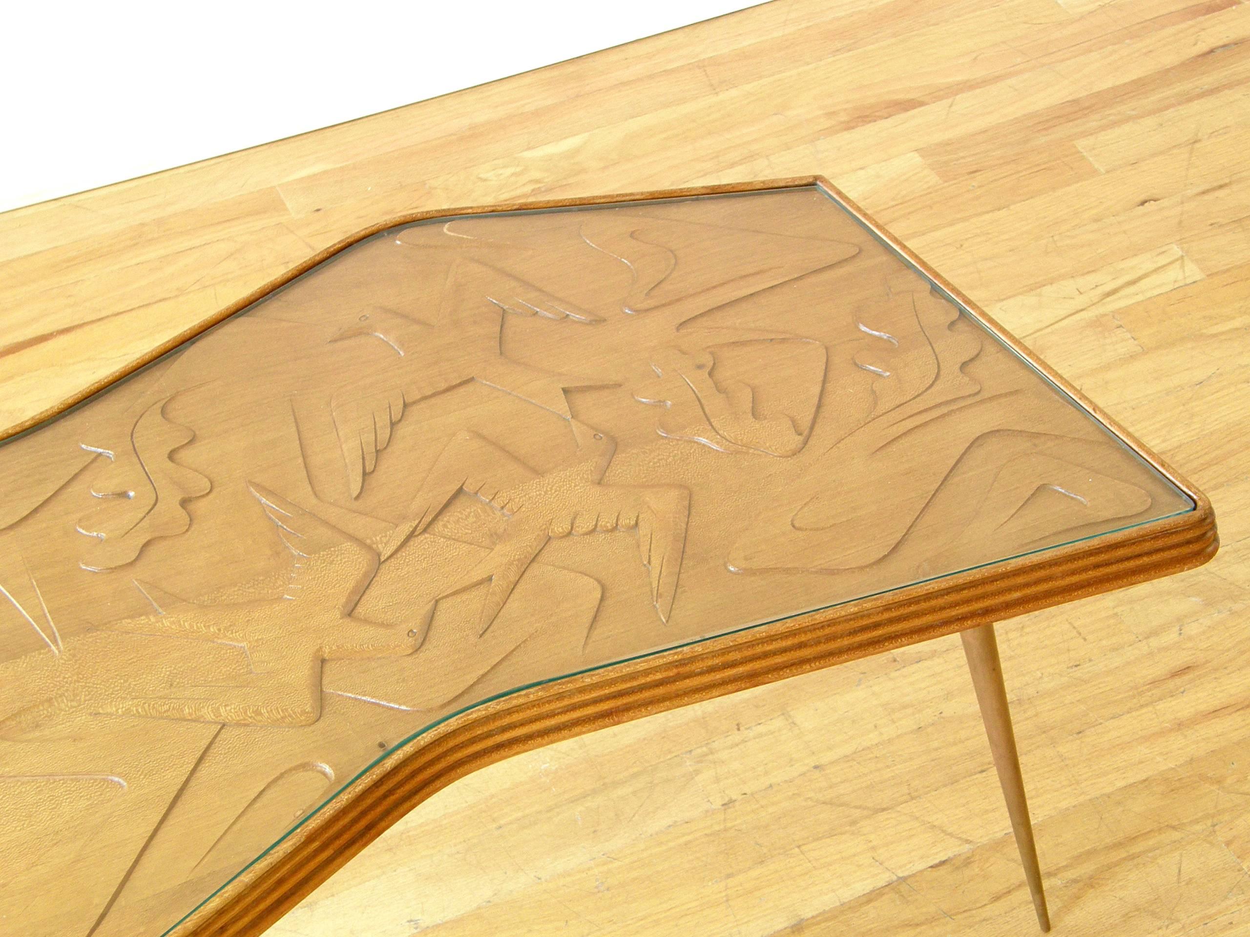 Sculptural Mahogany Coffee Table with Brass Legs and Carved Birds and Fish In Good Condition For Sale In Chicago, IL