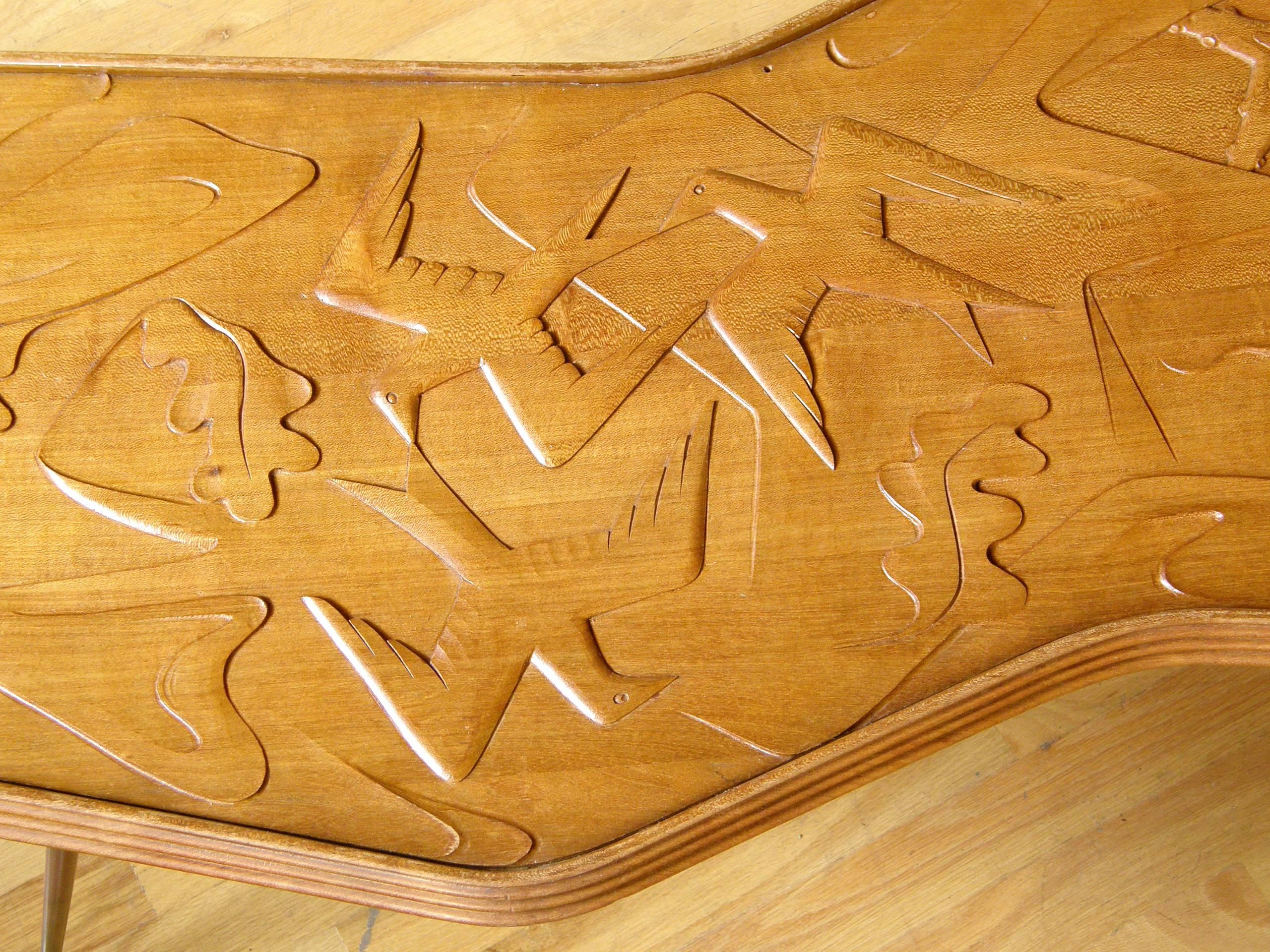 Sculptural Mahogany Coffee Table with Brass Legs and Carved Birds and Fish For Sale 3