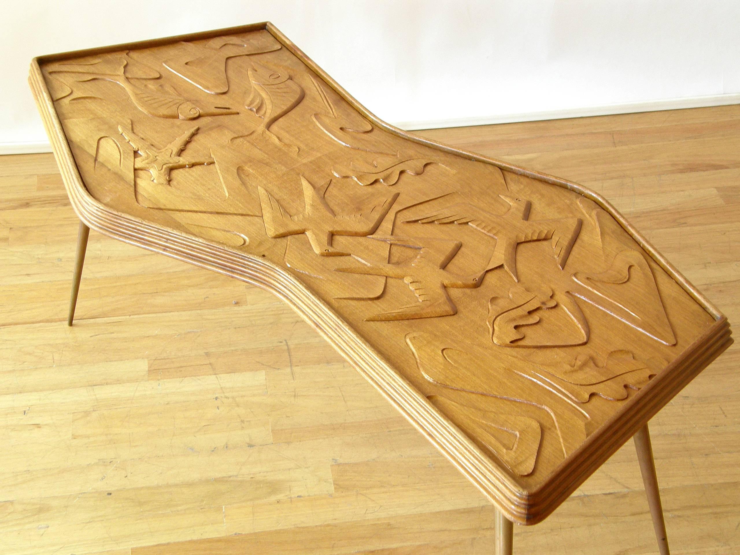 Sculptural Mahogany Coffee Table with Brass Legs and Carved Birds and Fish For Sale 5
