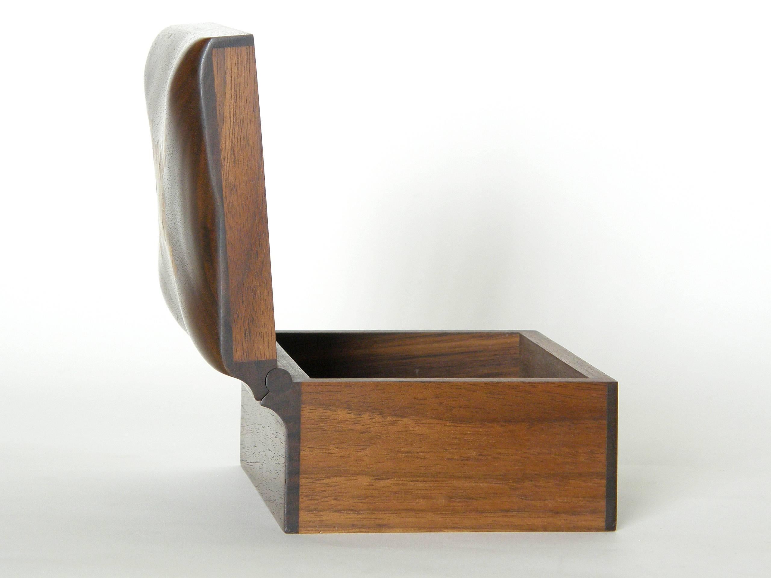 American Craftsman Roger Sloan Carved Wood Box Walnut with Inlaid Oak Root Cross Sections on Lid