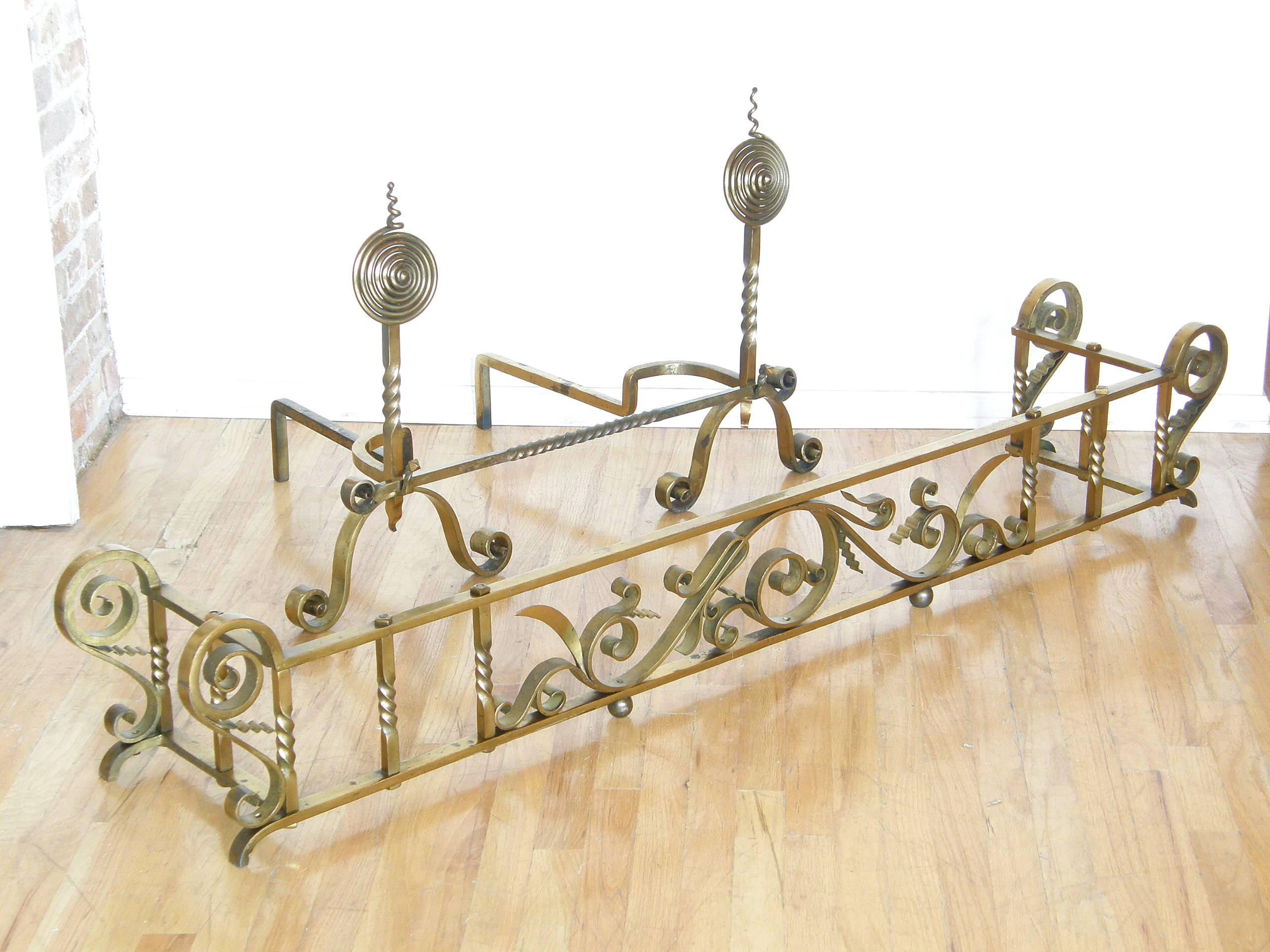 Brass Plated Hand-Wrought Iron Andirons and Fireplace Fender For Sale 6