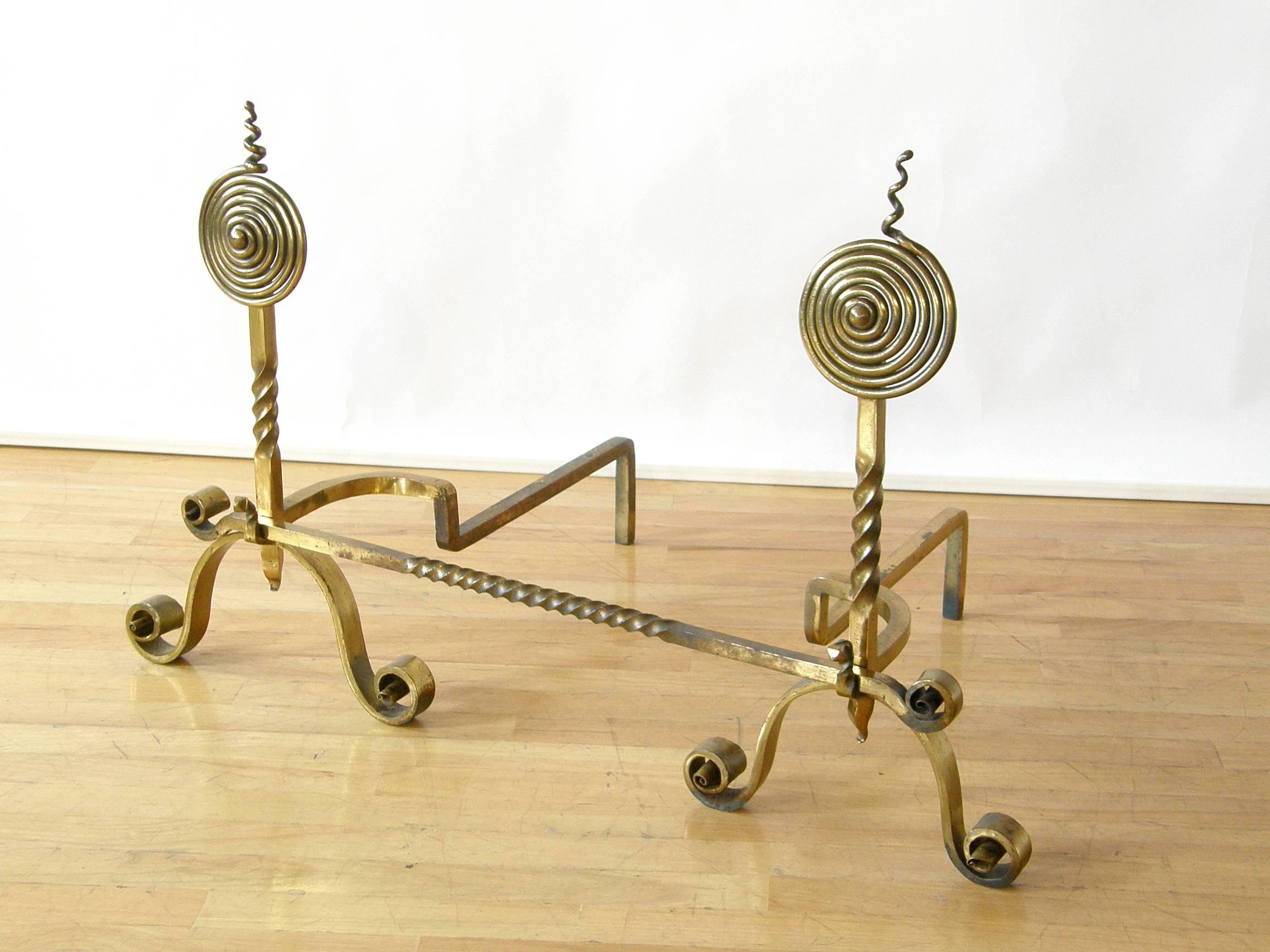 Mid-20th Century Brass Plated Hand-Wrought Iron Andirons and Fireplace Fender For Sale