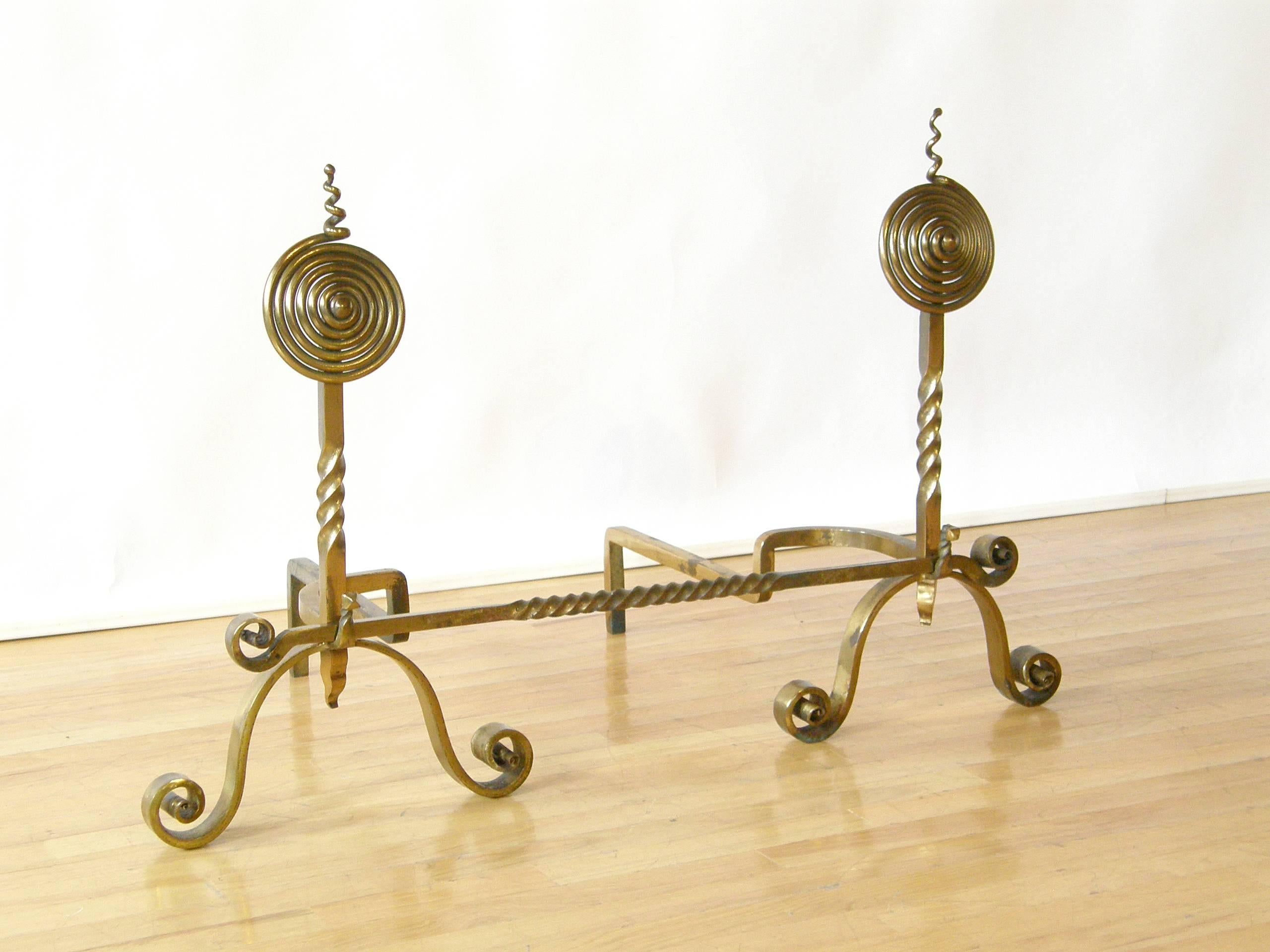 Brass Plated Hand-Wrought Iron Andirons and Fireplace Fender In Good Condition For Sale In Chicago, IL