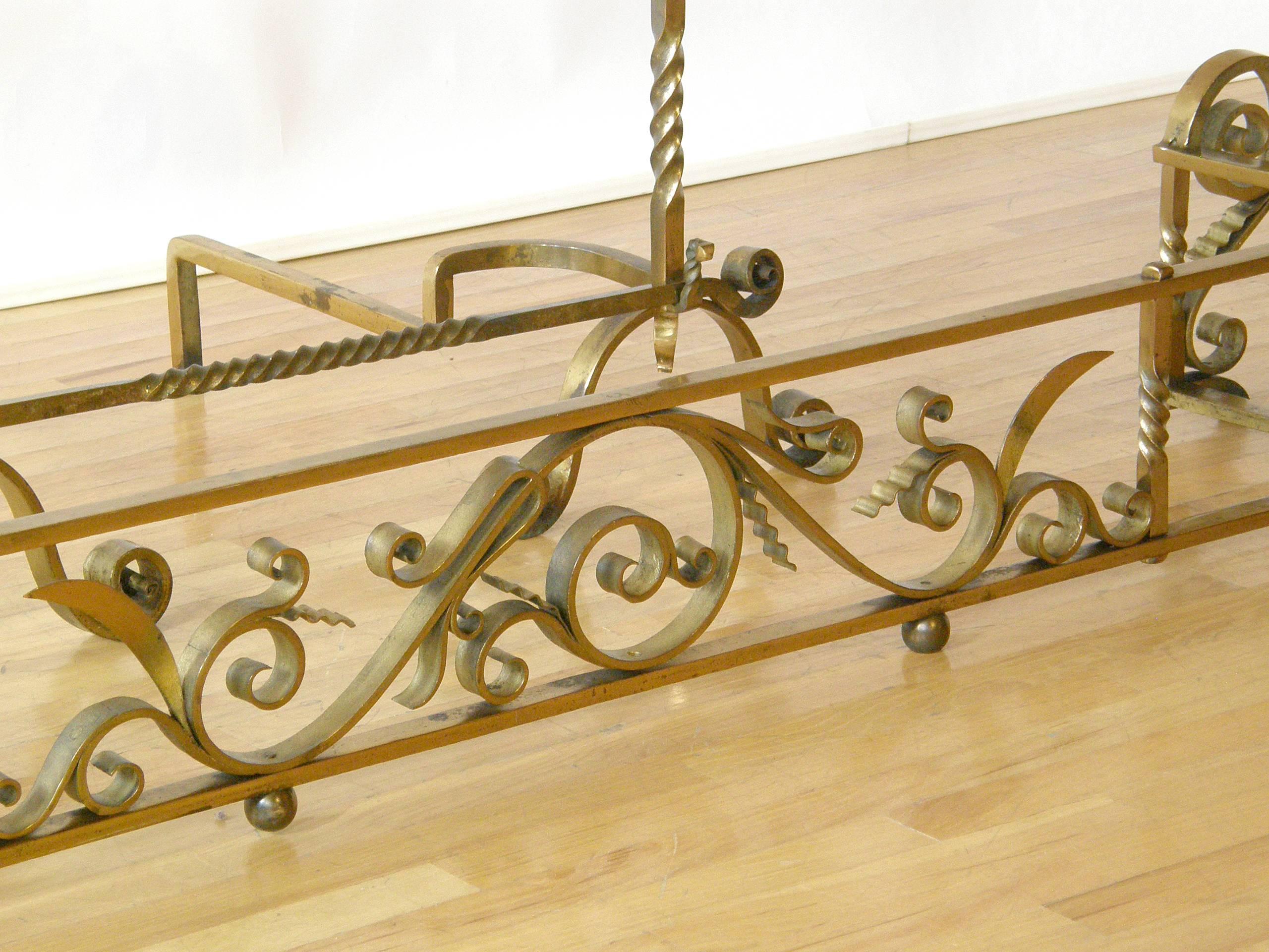Brass Plated Hand-Wrought Iron Andirons and Fireplace Fender For Sale 2