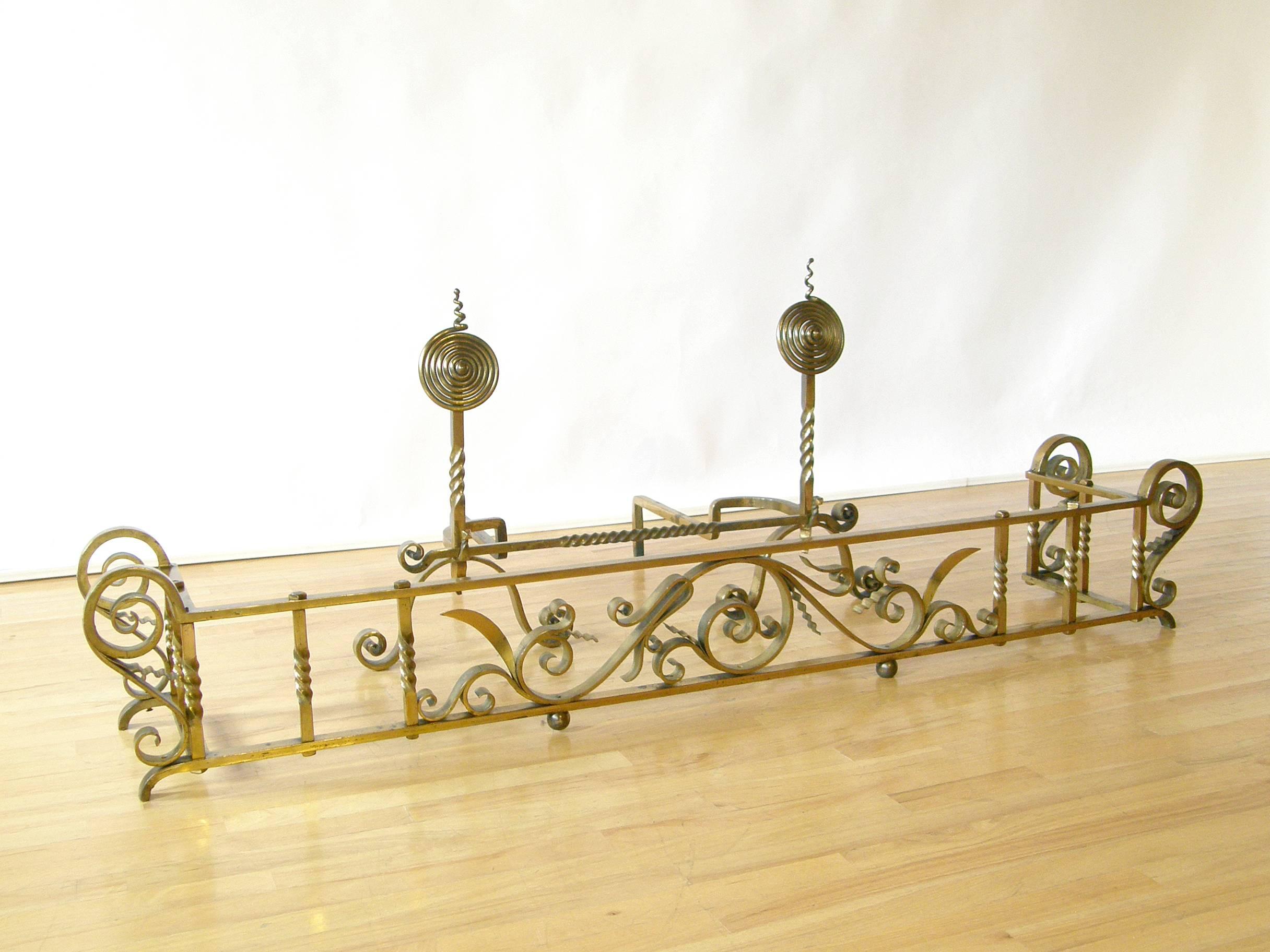 Brass Plated Hand-Wrought Iron Andirons and Fireplace Fender For Sale 5