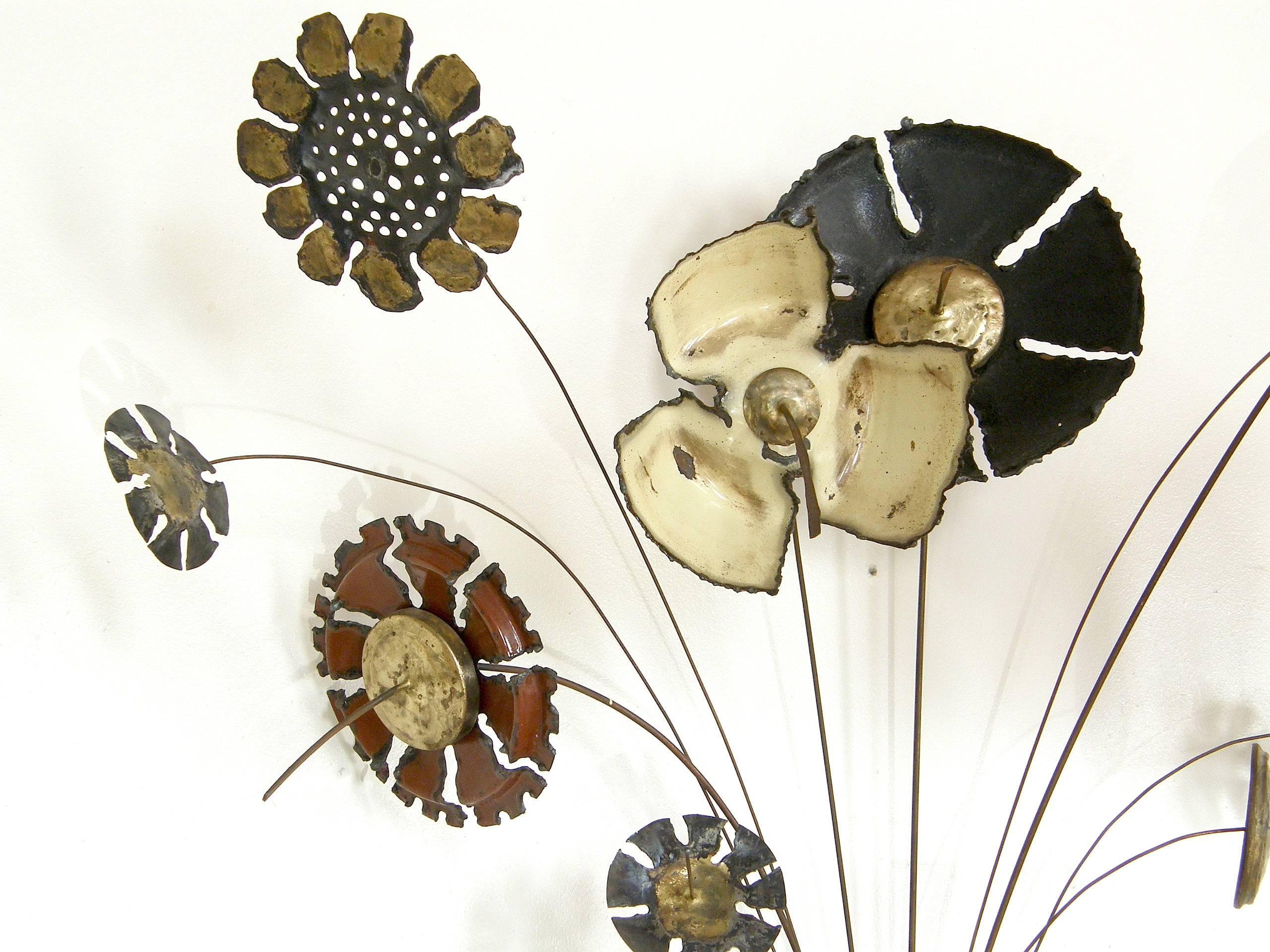 Mid-Century Modern Large Scale Wall Sculpture of Enameled Flowers in a Brutalist Vase For Sale
