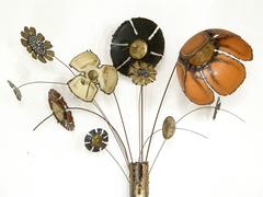 Large Scale Wall Sculpture of Enameled Flowers in a Brutalist Vase