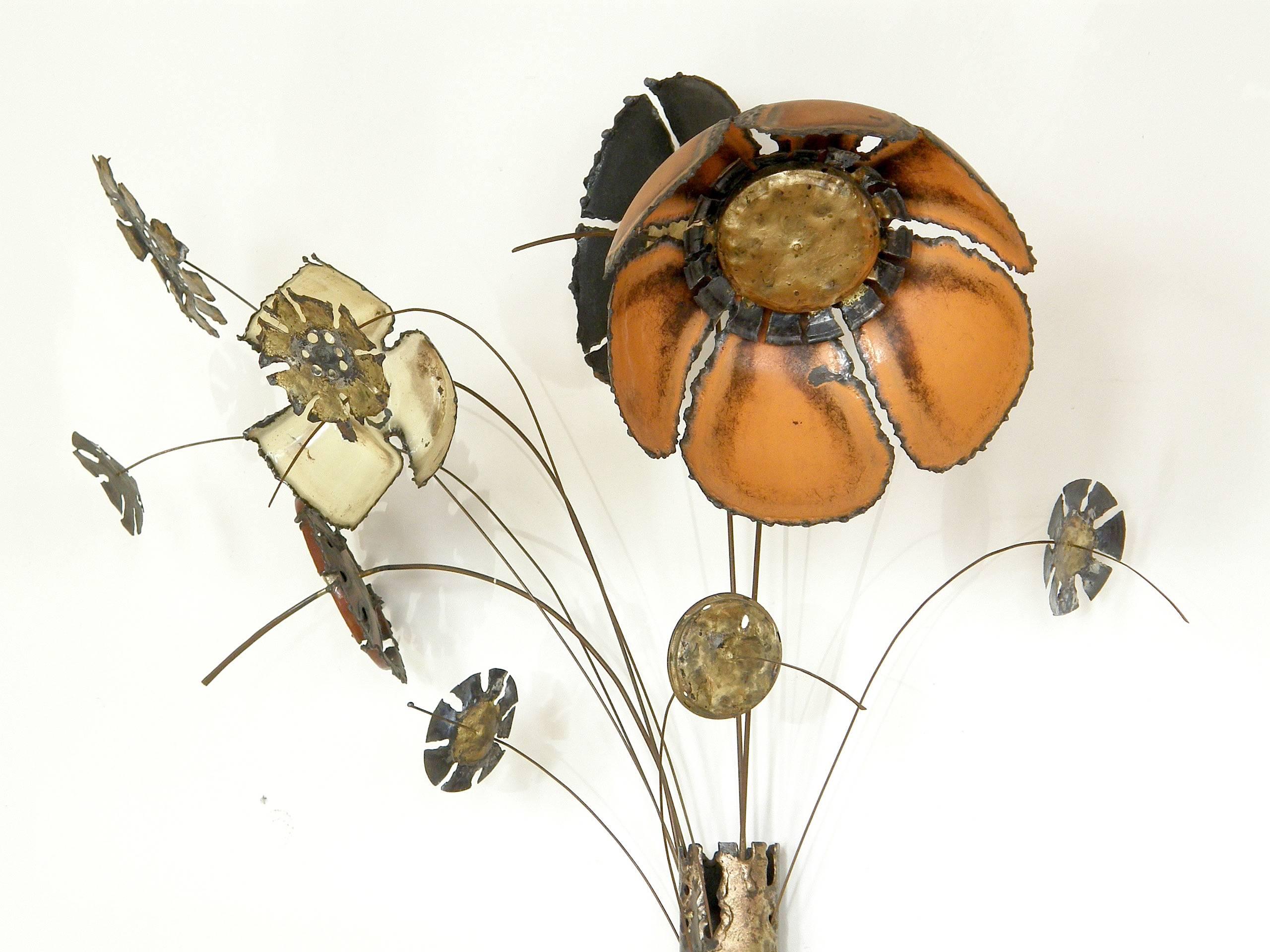 Mid-20th Century Large Scale Wall Sculpture of Enameled Flowers in a Brutalist Vase For Sale