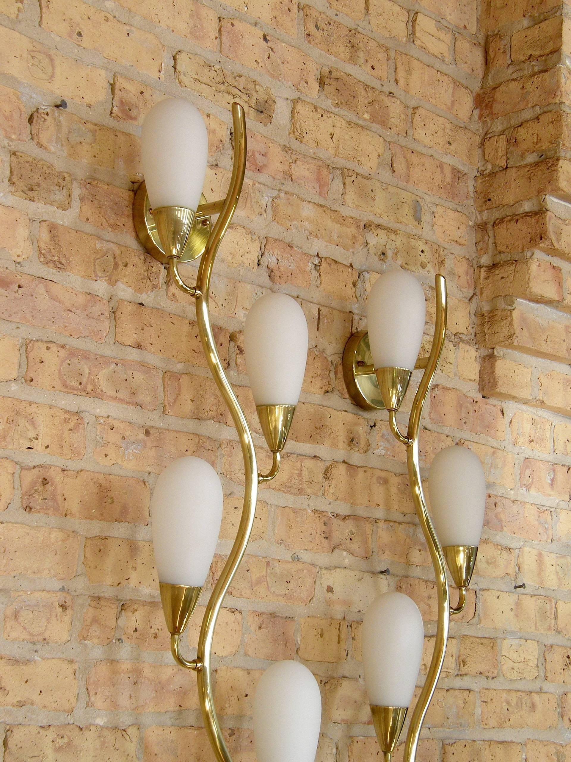 Pair of Brass and Glass Flora Form Wall Lamps In Good Condition In Chicago, IL