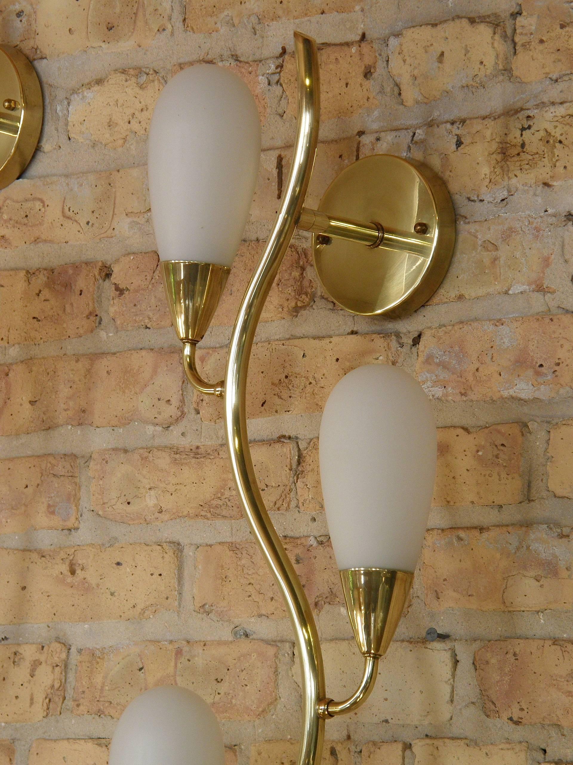 Mid-20th Century Pair of Brass and Glass Flora Form Wall Lamps