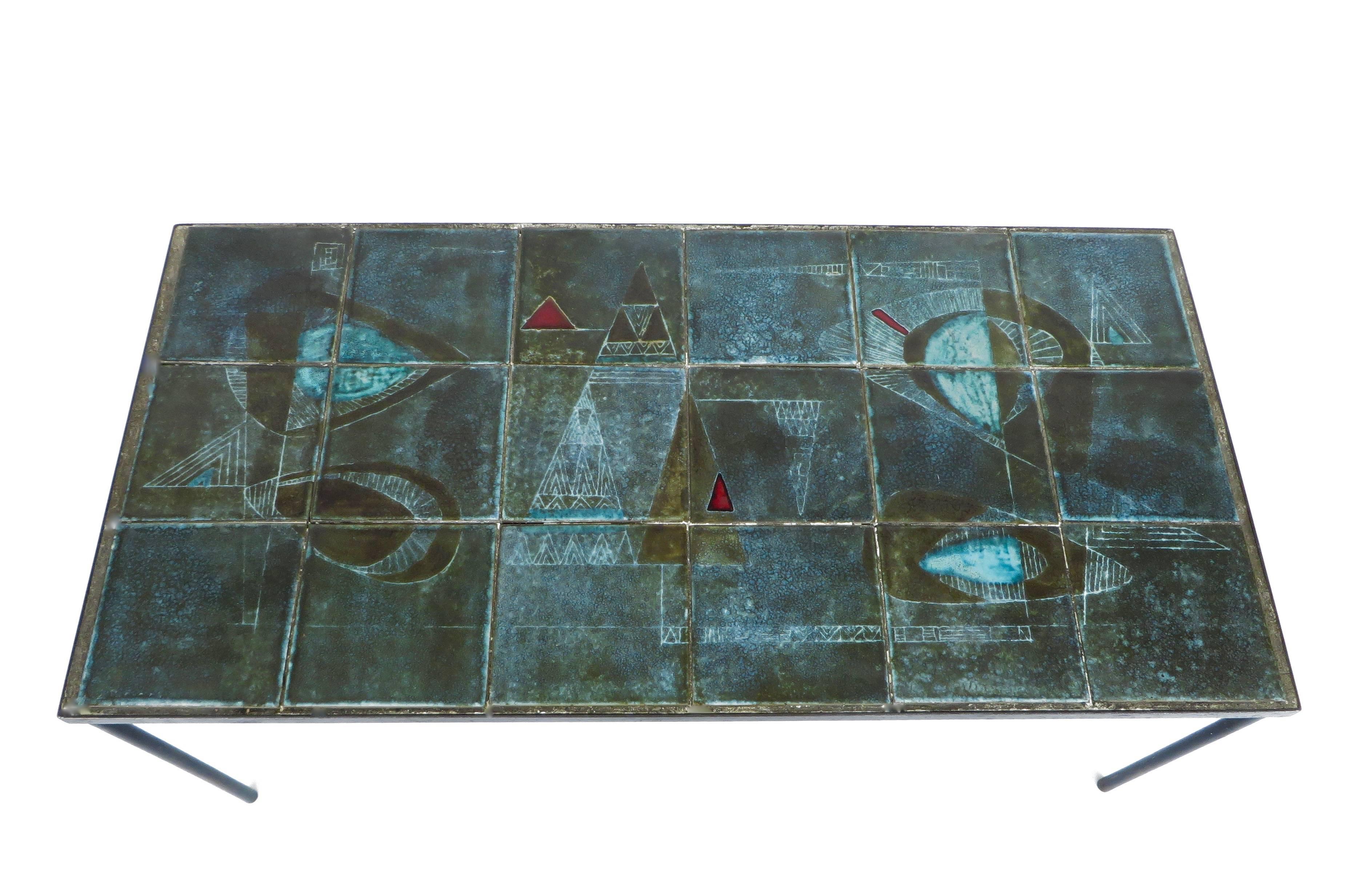 Mid-Century Modern French Graphic Ceramic Tile Coffee Table by Les Deux Potiers Two Potiers 