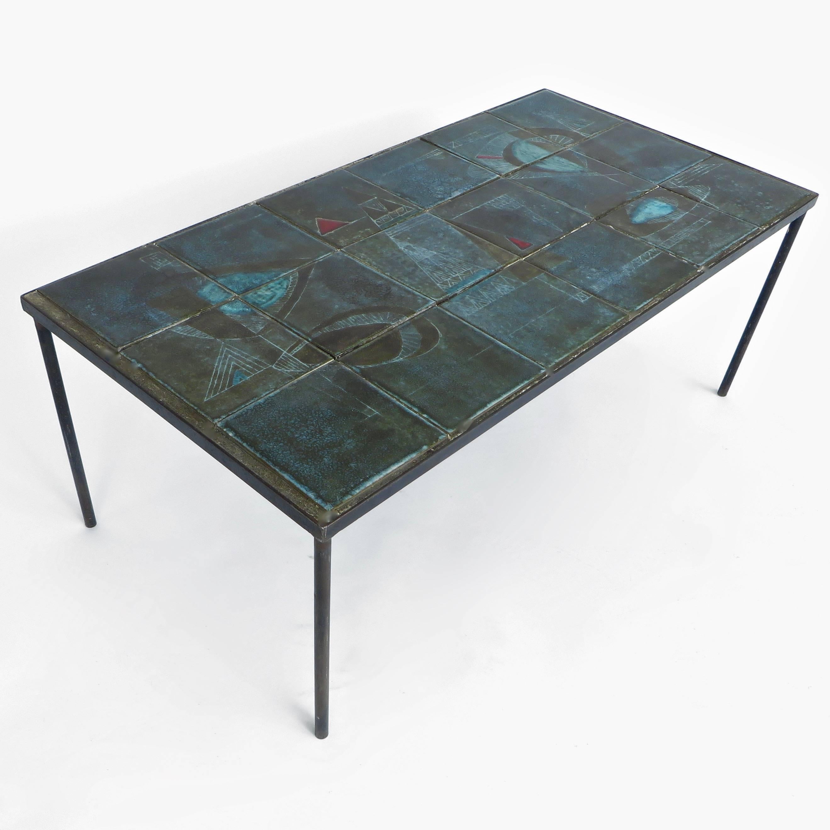 Mid-20th Century French Graphic Ceramic Tile Coffee Table by Les Deux Potiers Two Potiers 