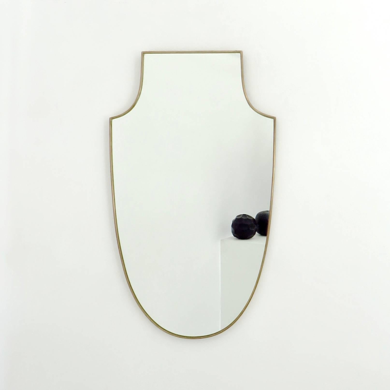 Mid-Century Modern Italian Vintage Brass Shield Shaped Framed Mirror 