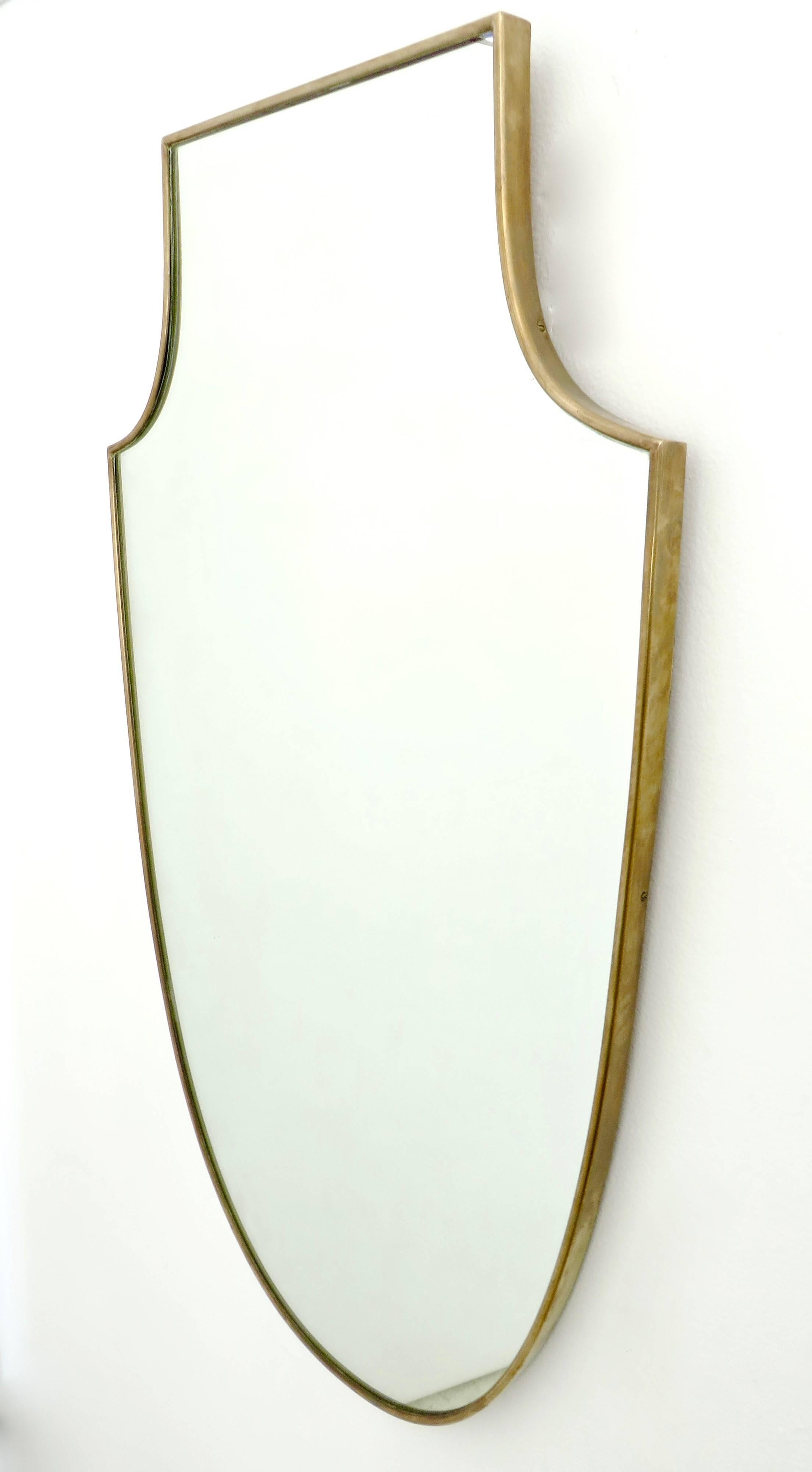 Italian Vintage Brass Shield Shaped Framed Mirror  In Excellent Condition In Chicago, IL