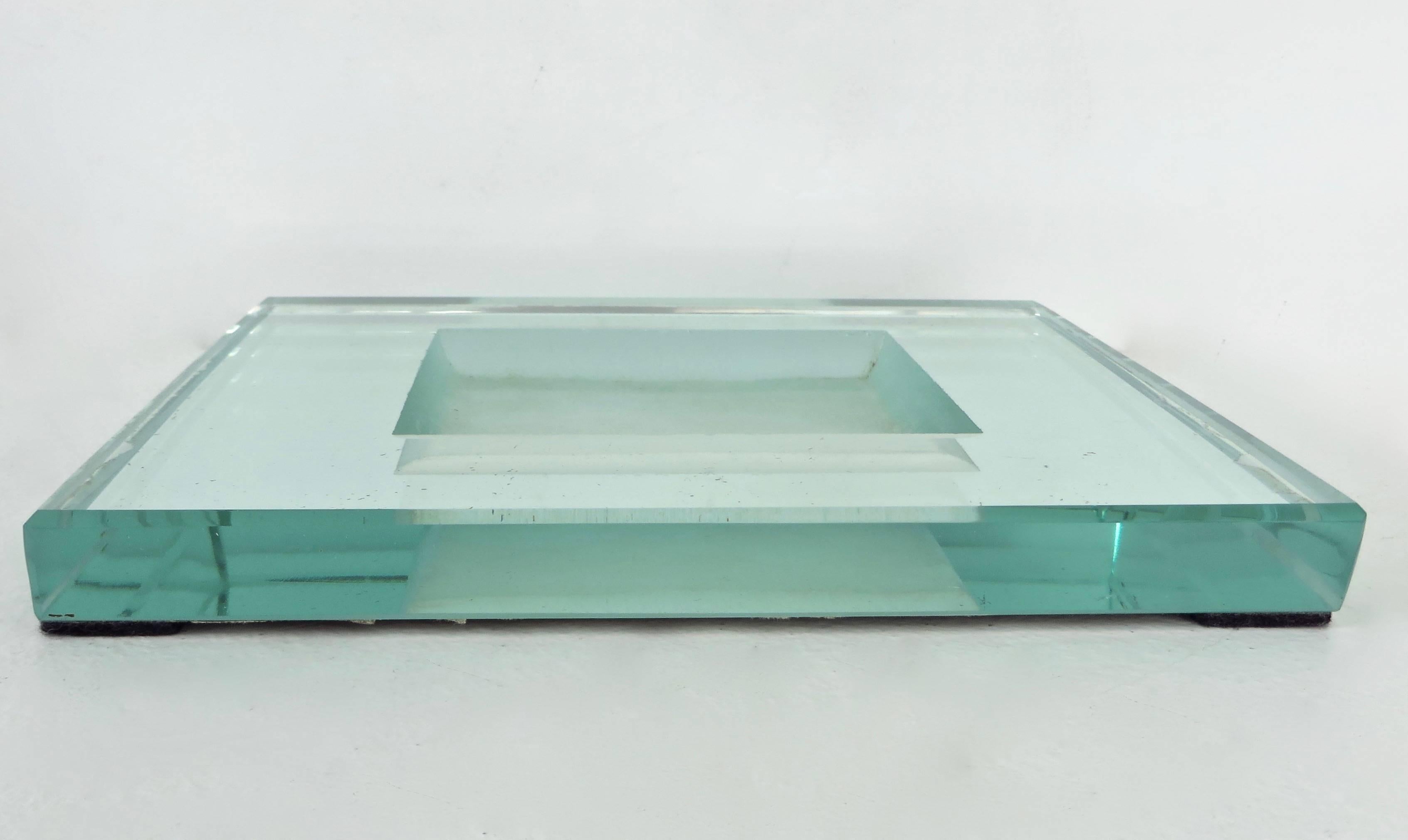 A Jean Luce vintage Art Deco glass vide poche with beveled edges. 
Clear and etched or sable glass. 
Original backing which sometimes is removed. 
Lovely patina, as with all Jean Luce vide poche or catchall showing signs of use.