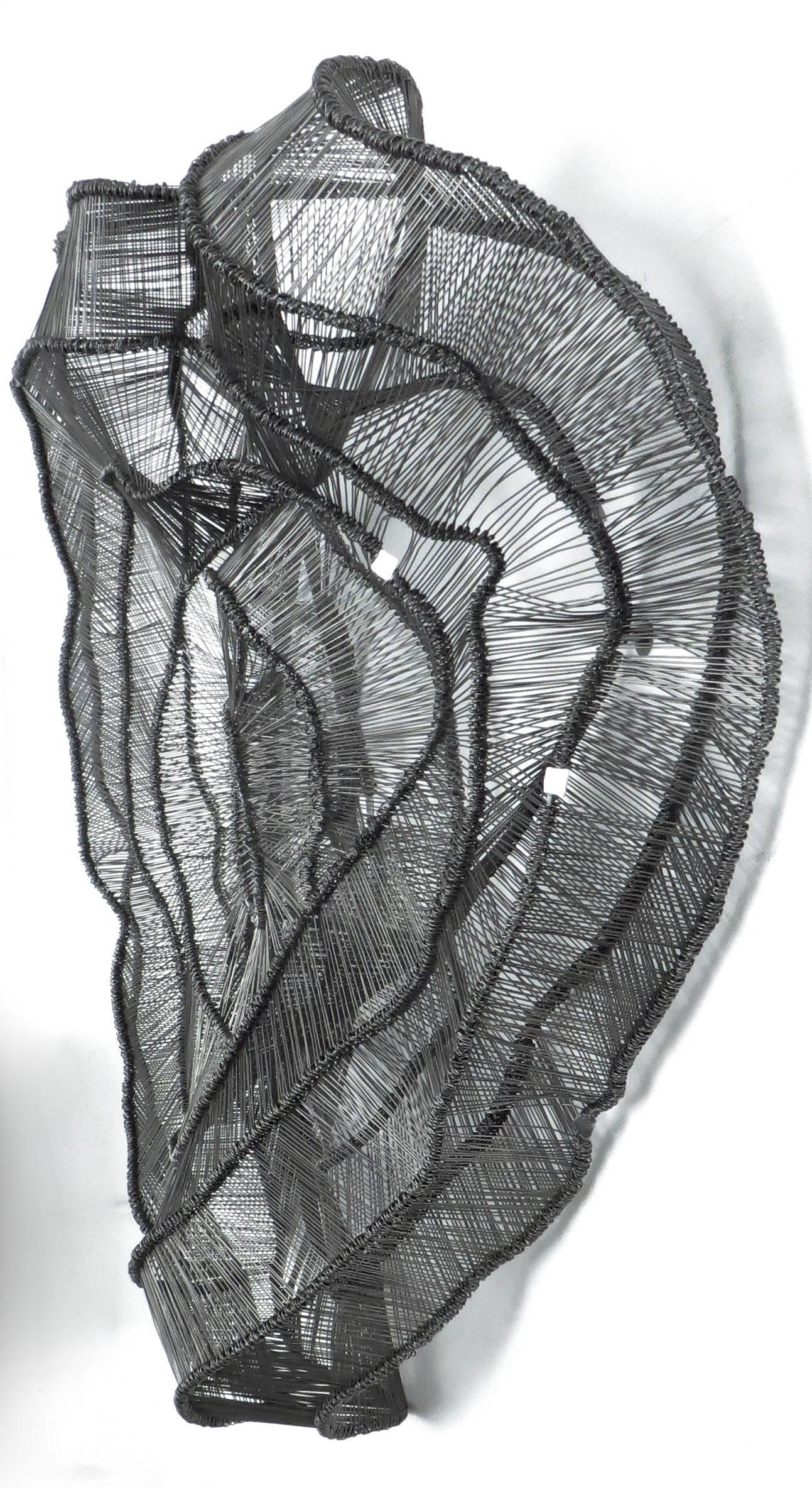 Eric Gushee woven wire metal wall sculpture in black and gray from the Emergence series. 
Large undulating metal woven wire that undulates from the wall.
From the most recent new work. 
Available now. 
Eric Gushee is an artist living and working