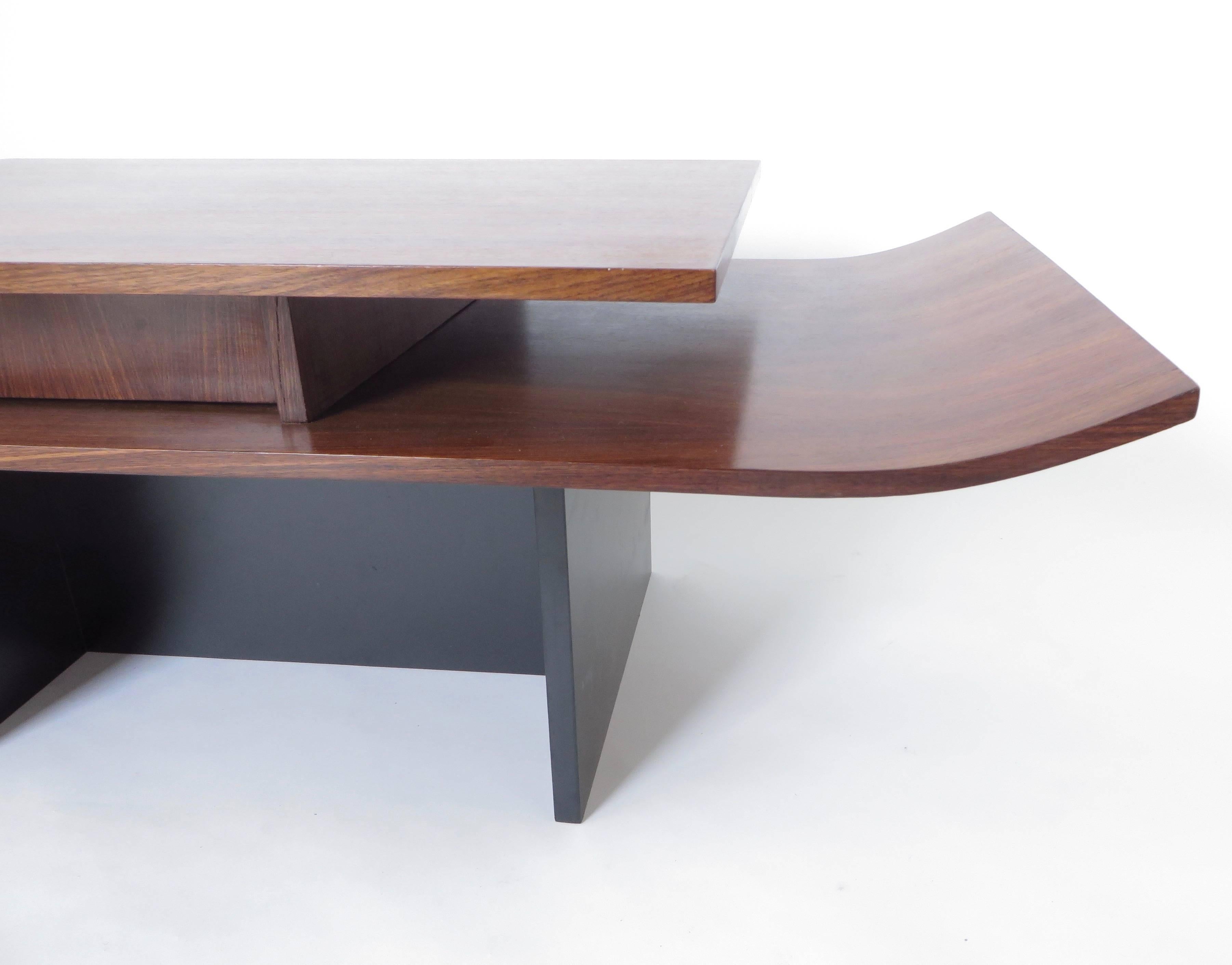 Italian Two-Level Rosewood Coffee Table with One Drawer on Black Laminate Base 4