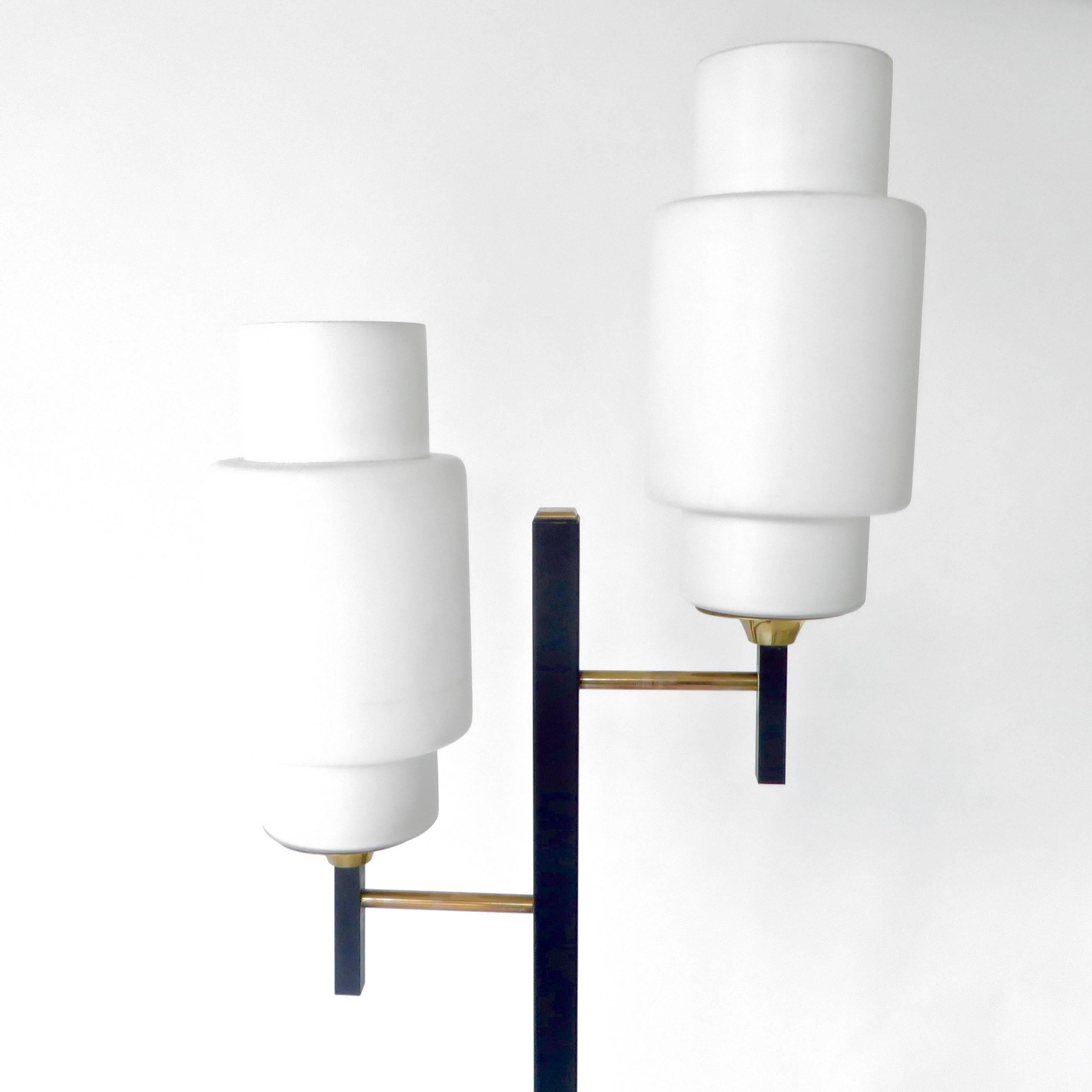 Mid-Century Modern Maison Lunel French Floor Lamp with Two Opaline Glass Shades