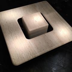 Italian Travertine Marble Low Coffee Table with Floating Sculptural Cube