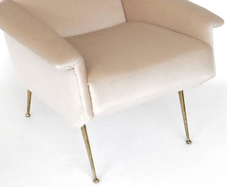 Italian Upholstered Wingback Lounge Chair with Brass Legs and Feet at
