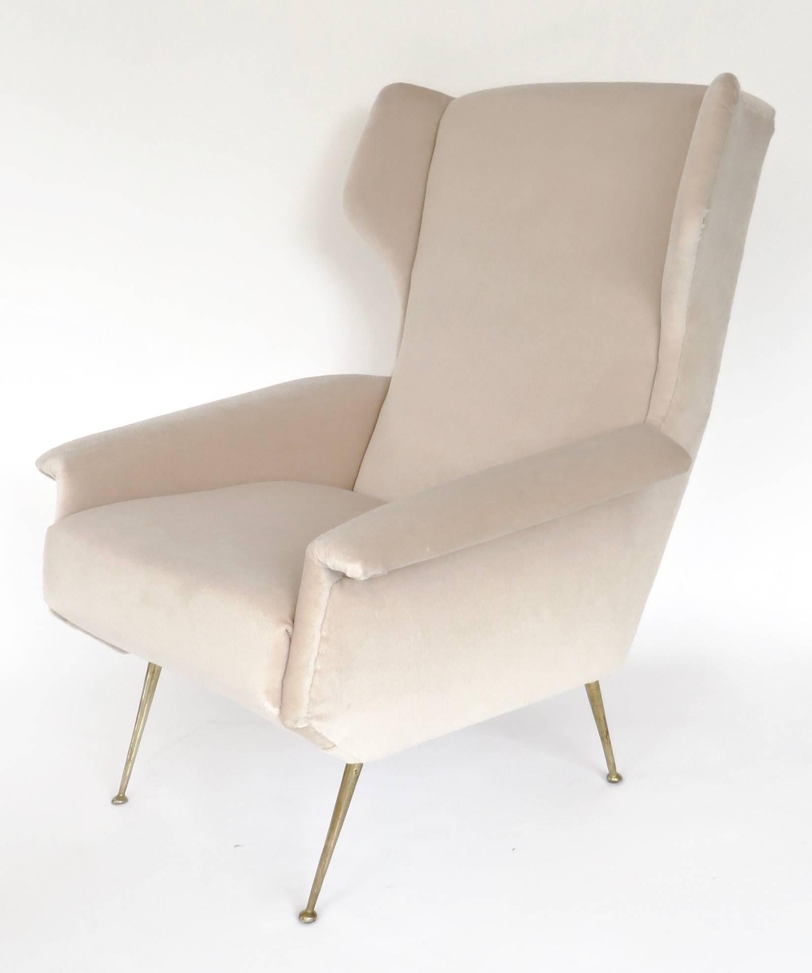 Mid-20th Century Italian Upholstered Wingback Lounge Chair with Brass Legs and Feet