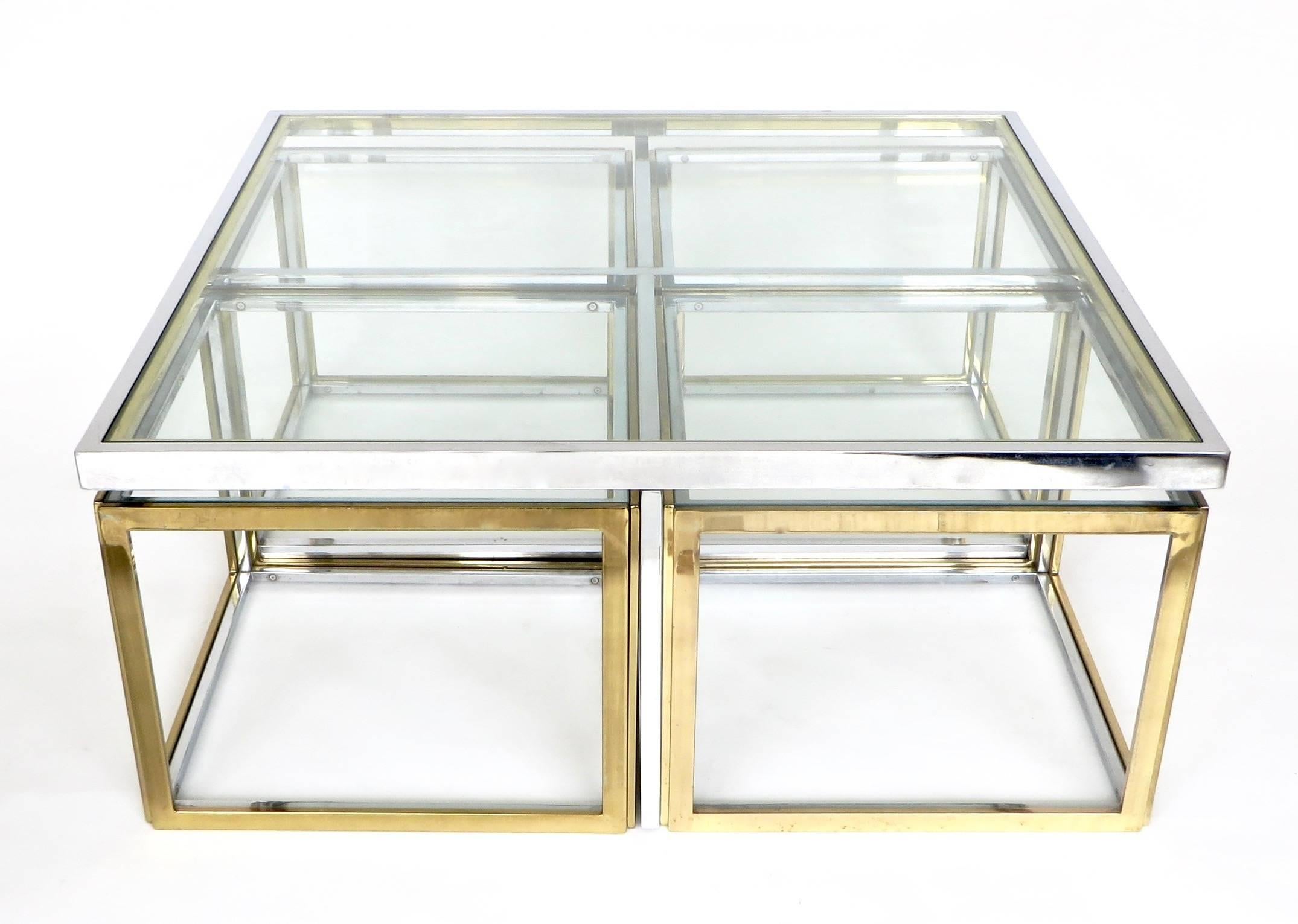 Mid-Century Modern French Maison Jansen Chrome and Brass Multi Part Coffee and Pull-Out Tables