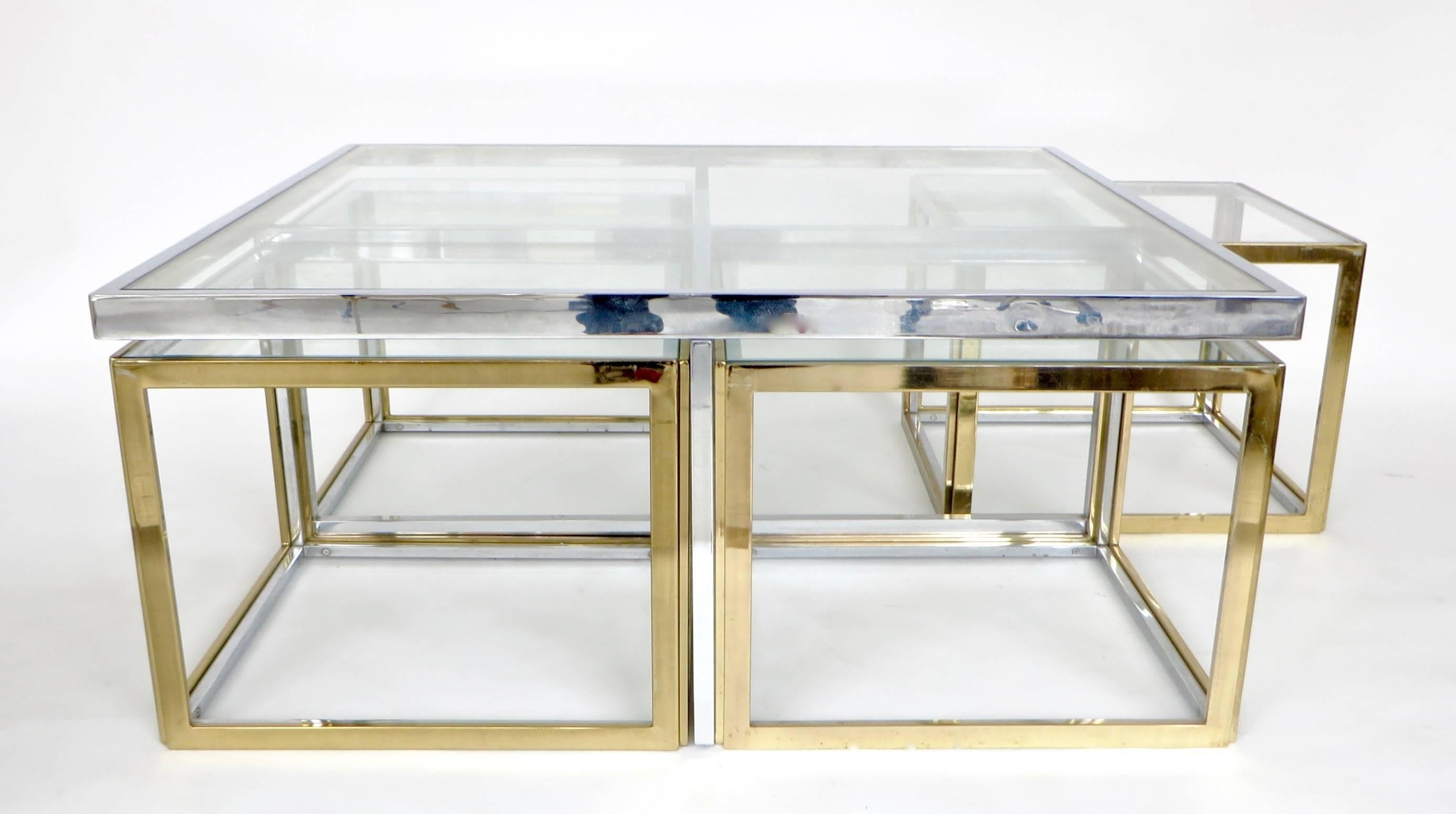 Late 20th Century French Maison Jansen Chrome and Brass Multi Part Coffee and Pull-Out Tables