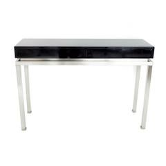 French Black Lacquer and Brushed Stainless Steel Legs Console by Maison Jansen 11