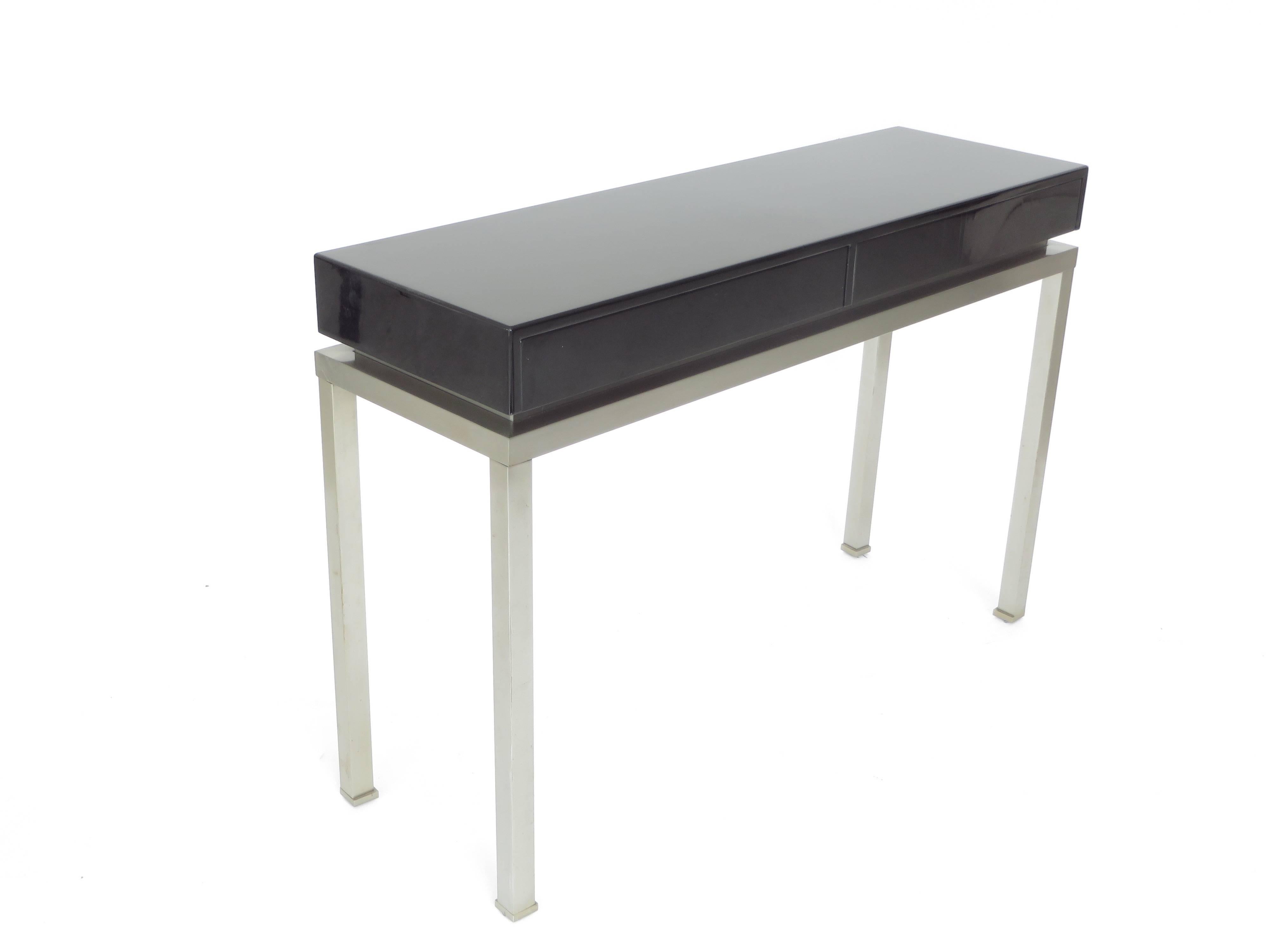 Mid-Century Modern  Maison Jansen French Black Lacquer and Brushed Stainless Steel Legs Console