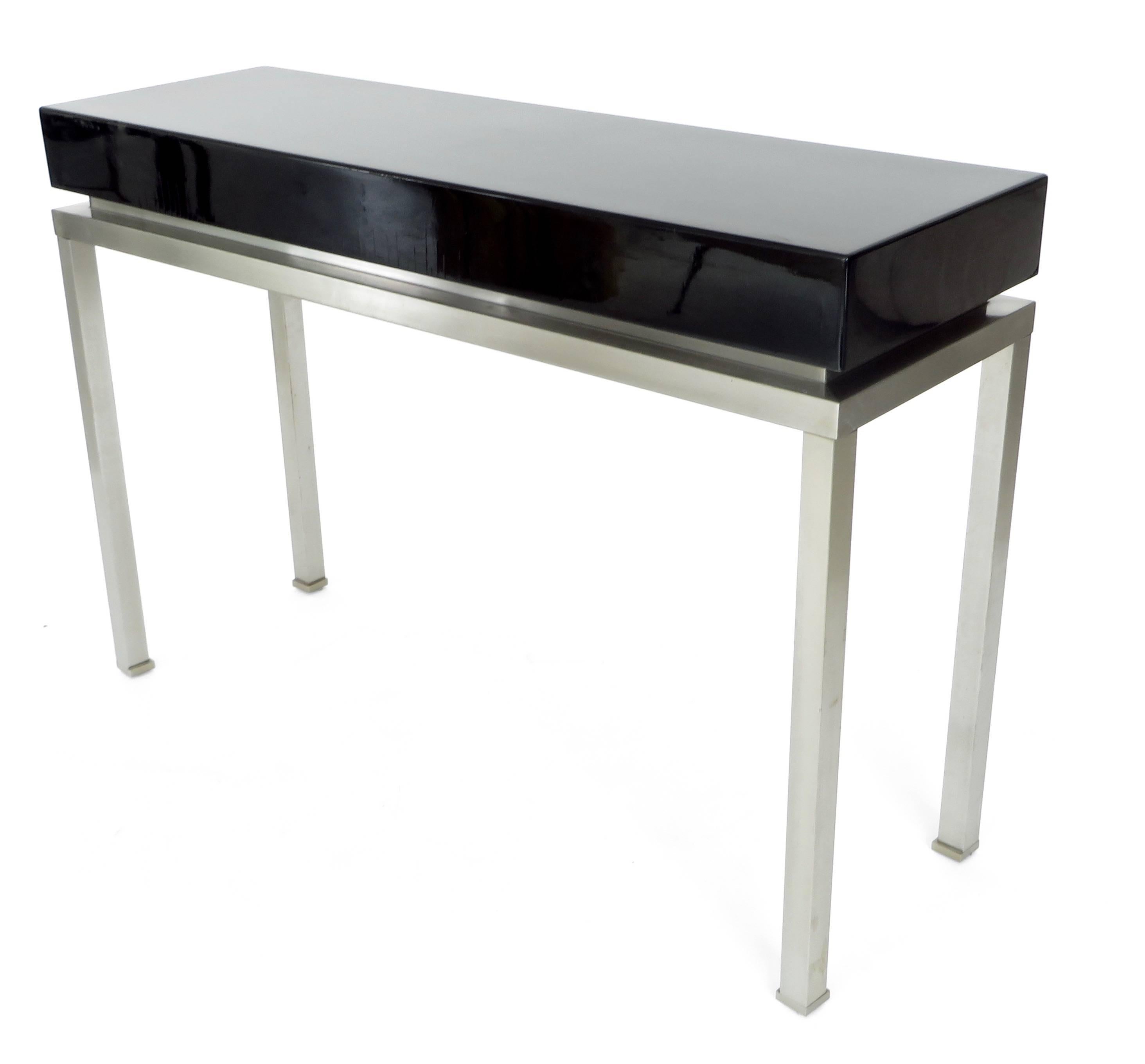  Maison Jansen French Black Lacquer and Brushed Stainless Steel Legs Console 2